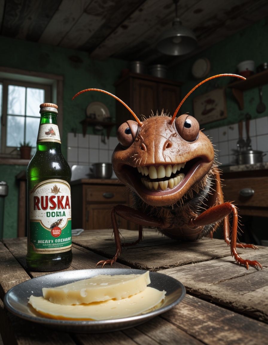 Hyper-realistic cinematic scene of a anthropomorphic cockroach with cartoonish features,  at a wooden kitchen table in a s...