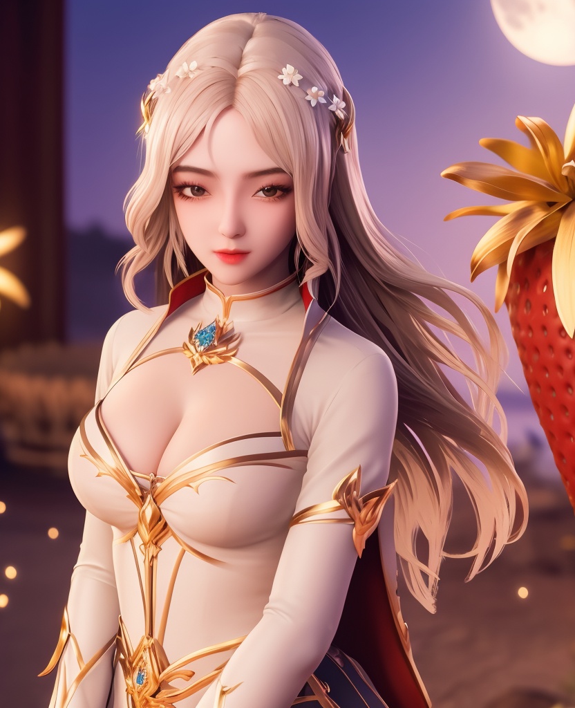 <lora:556-DA-神印王座-温柔一刀:0.8>(,1girl, ,best quality, ),looking at viewer,  ,ultra detailed background,ultra detailed background,ultra realistic 8k cg, , ,masterpiece, (( , )),, ultra realistic 8k cg, ,      ,lily \(flower\) ,full moon ,strawberry blossoms      (cleavage), (),