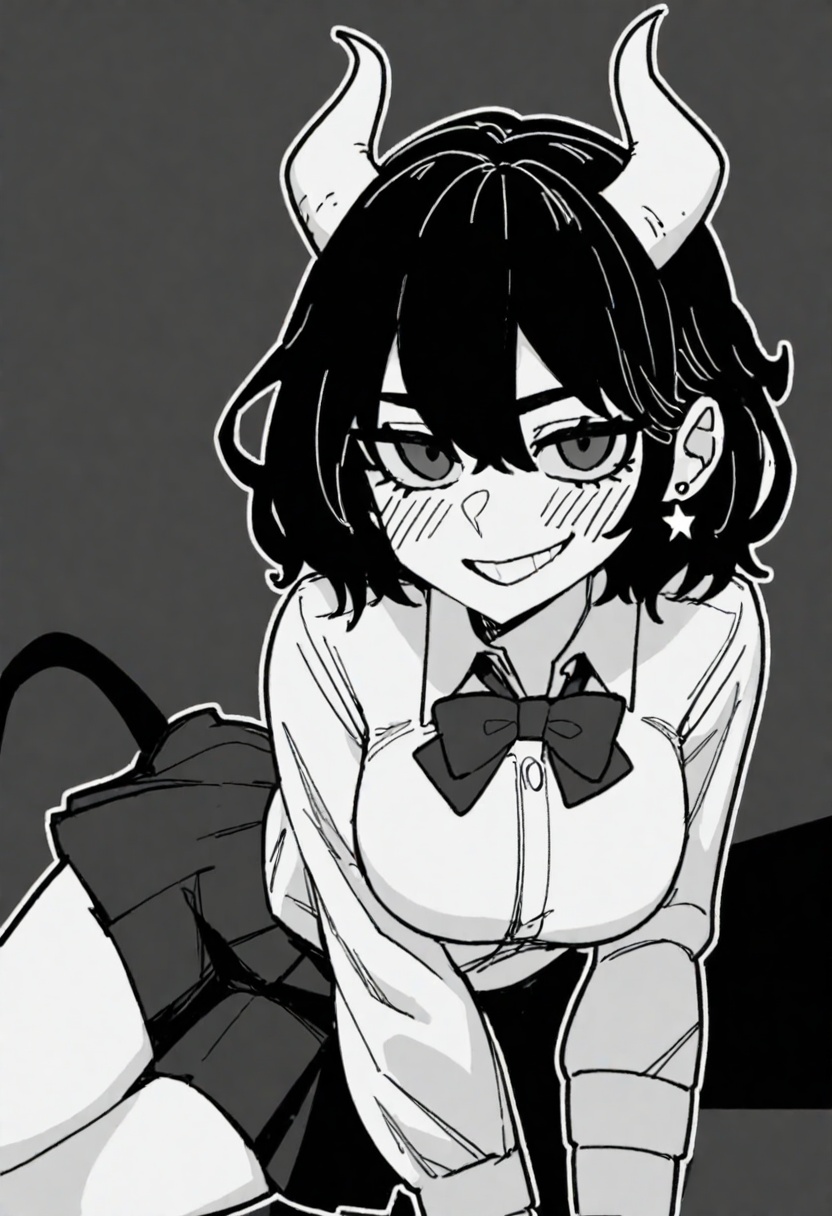 1girl, qk3, tail, horns, greyscale, monochrome, jewelry, solo, black background, earrings, star \(symbol\), demon girl, demon tail, bowtie, smile, demon horns, short hair, bow, shirt, looking at viewer, simple background, star earrings, dark background, tail piercing, school uniform, stud earrings, sitting, tail ornament, arm support, hair between eyes, blush, skirt, large breasts, long sleeves, collared shirt, grin, breast, buttons,A young girl with short black hair and cat ears on her head. she is wearing a school uniform with a white blouse, black skirt, and a bow tie. the background is completely black, making the girl and her outfit stand out.masterpiece, best quality, newest, absurdres, safe <lora:okra_v2.2-000014:1>