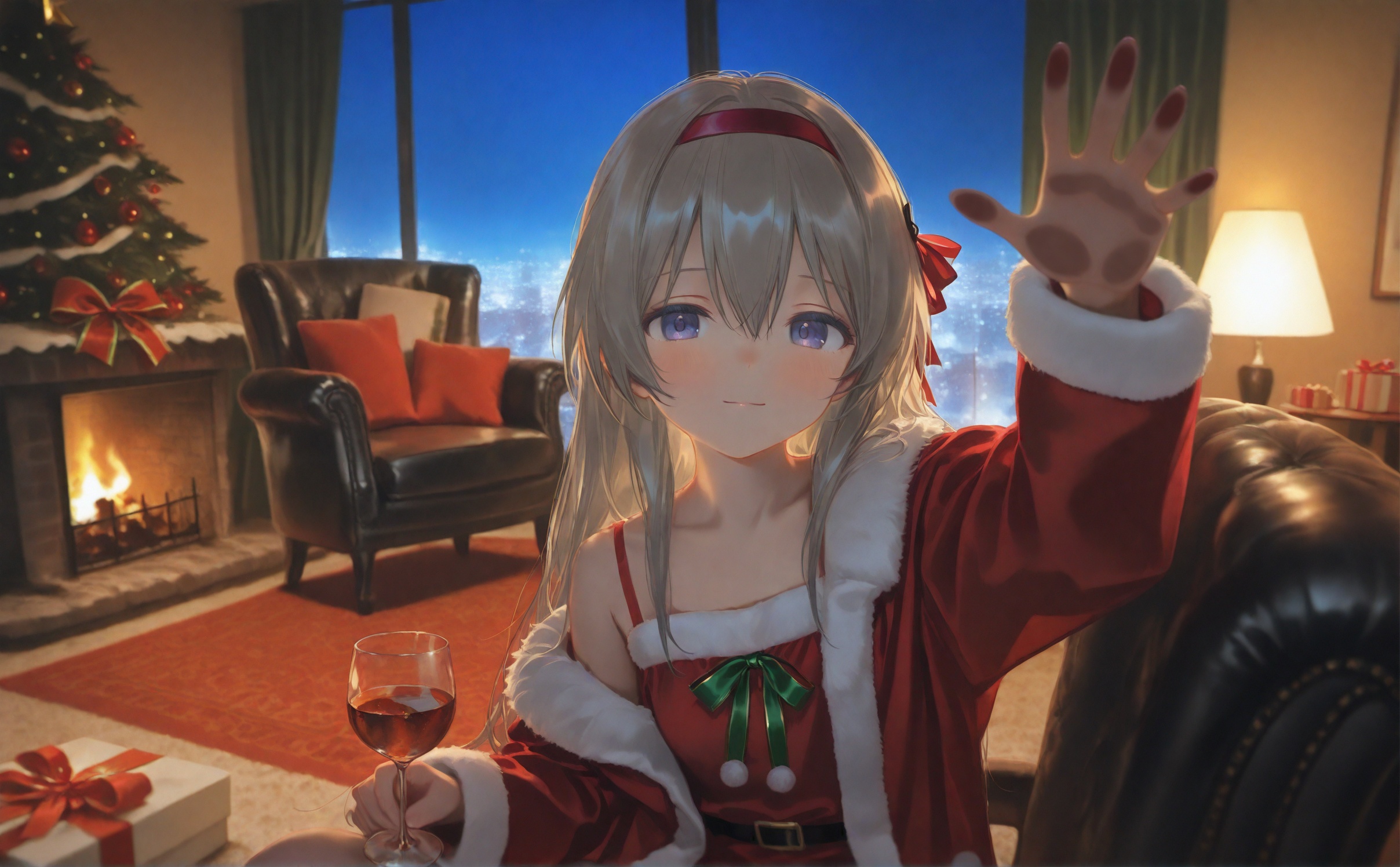 nyalia,1girl,christmas,merry christmas,gift,long hair,hairband,solo,box,lamp,christmas tree,gift box,looking at viewer,indoors,santa costume,window,cup,blue eyes,smile,drinking glass,glass,night,dress,closed mouth,blush,hair between eyes,christmas present,grey hair,carpet,fur trim,condensation,long sleeves,hair ornament,couch,bare shoulders,curtains,chair,blurry,table,red dress,sitting,red hairband,sidelocks,ribbon,off shoulder,blonde hair,city lights,upper body,collarbone,desk lamp,rug,arm up,bell,night sky,christmas ornaments,against glass,depth of field,bed,jacket,santa dress,spaghetti strap,drink,purple eyes,fireplace,bedroom,fur-trimmed jacket,ice,santa hat,cityscape,fur-trimmed sleeves,english text,sky,alcohol,white hair,reaching,skyline,red jacket,armchair,hat,wine glass,hair ribbon,open clothes,red ribbon,blurry background,bow,light smile,pillow,headband,city,wide sleeves,reaching towards viewer,<lora:nyalia Acid-000055:0.9>,