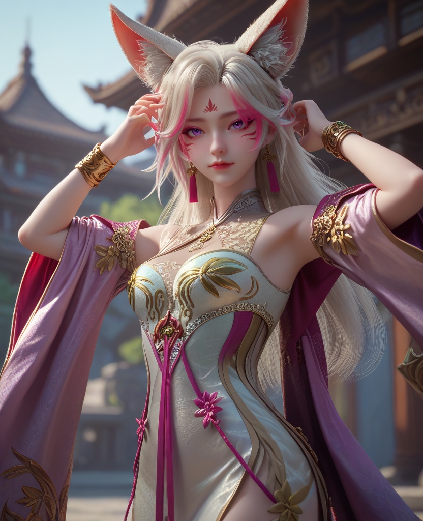 (oriental architecture, elegant decor, sophisticated style:1.1),(Posing with hands on head, fingers interlocked,:1.1),(breasts:1.2),<lora:XL16克金玩家小狸:0.95>,1girl,white china dress,facial mark,purple eyes,pink streaked hair,white hair,long hair,fox ears,jewelry,earrings,pink shawl,bracelet,, zPDXL2, score_9, score_8_up, score_7_up BREAK realistic, masterpiece,best quality, highly detailed,, zPDXL3, zPDXL2,zPDXL, zPDXLxxx, zPDXLrl,