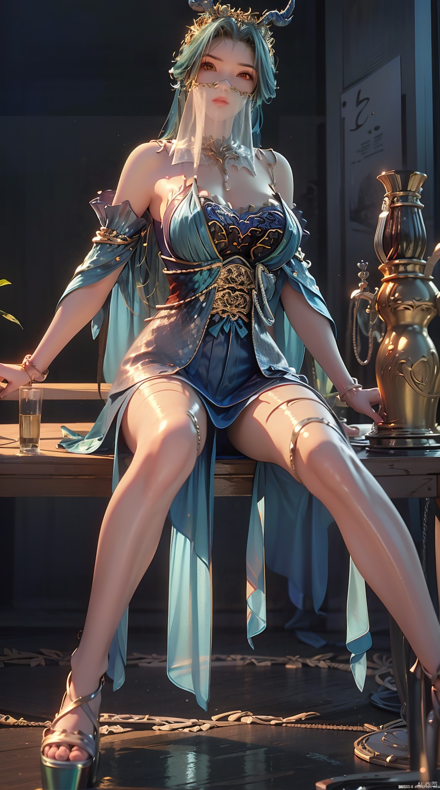 1girl, solo, long hair, looking at viewer, bare shoulders, closed mouth, blue hair, yellow eyes, upper body, horns, blurry, lips, blurry background, veil,mouth veil, ((poakl)),full-body,Perfectly proportioned,ray tracing,Bare Feet,shiny_skin,oil,Show your long legs,Red high heels,(Sitting:1.5),Beautiful thighs, show the thighs<lora:EMS-410555-EMS:0.800000>, <lora:EMS-1006-EMS:1.500000>