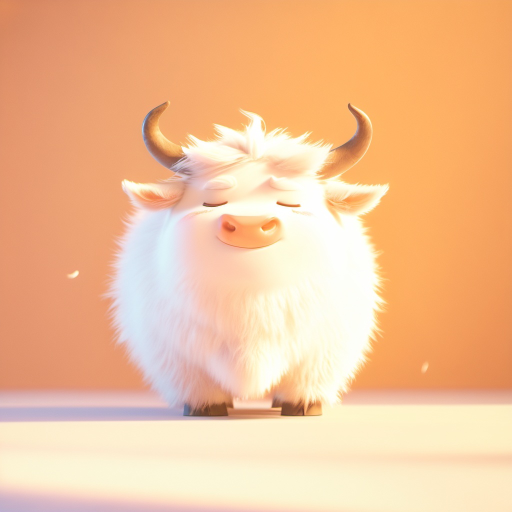 chouniu,cow,soft lighting,^ ^,cc-color-correction,whimsy and dramatic lighting,white fur,warm colors,mf-movie-filter,cute,no humans,solo,closed eyes,fluffy,full body,cow focus,horns,cow tail,standing,orange background,facing viewer,closed mouth,tail,cow horns,simple background,<lora:chouniu_xl:0.8>,