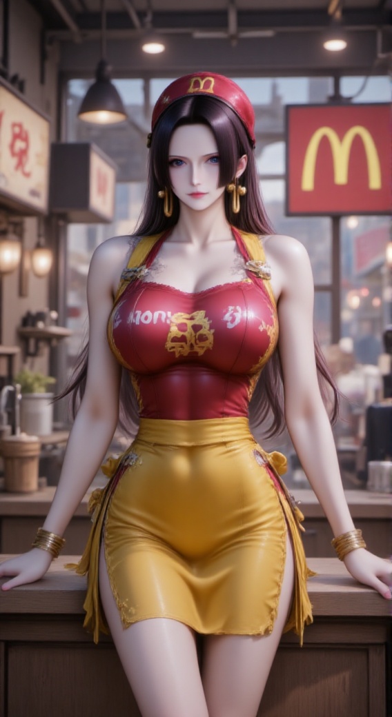 baoshi,nvdi,taozhuang,masterpiece,best quality,best details,rich details,MomonogiKana,sexy,((smile)),supermodel figure,watching the viewer,((red|brown hair, long_ponytail, bangs)),(((In a McDonald's fast food restaurant, Big McDonald logo in the background))),(((McDonald logo apron, McDonald logo hat, Shoulder strap slipped off))),(sexy yellow|red lace mesh apron:1.4),(Slingshot Bikini:1.4),REALNIME,Sparkle Glowing,1girl,