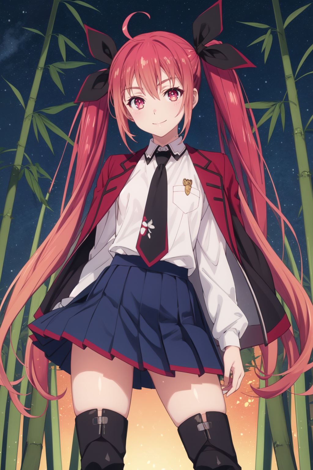 <lora:Kotori-000010:0.8>,Kotori cyql,1girl,looking at viewer,solo,twintails,red hair,ahoge,long hair,ribbon,hair ribbon,red eyes,school uniform,white shirt,jacket on shoulders,necktie,skirt,thighhighs,boots,thigh boots,Flirty, A playful smile, arched eyebrows, and a slightly tilted head.,panorama,beautiful face,beautiful eyes,glossy skin,shiny skin,Bamboo, Grove, Breeze, Peaceful, Tranquility, Nature, Serenity, Zen,(Maple trees, Pumpkin patches, Fall foliage, Crisp air, Harvest time, New England landscape:0.6),beautiful detailed sky,beautiful detailed glow,posing in front of a colorful and dynamic background,masterpiece,best quality,beautiful and aesthetic,contrapposto,female focus,wallpaper,fashion,