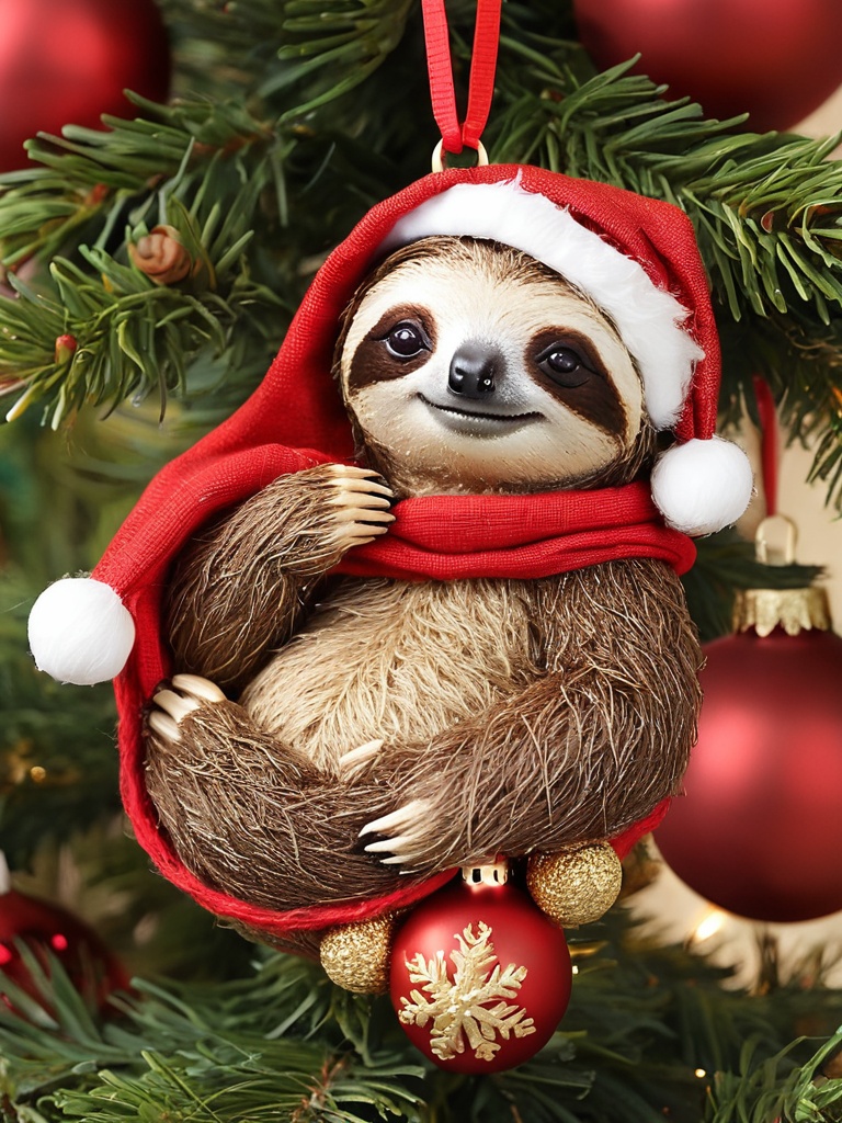 XmasBushy,A cozy Christmas scene featuring a charming sloth ornament,adorned with festive red and gold baubles.,<lora:Pony.CNDragonMB:0.7>,