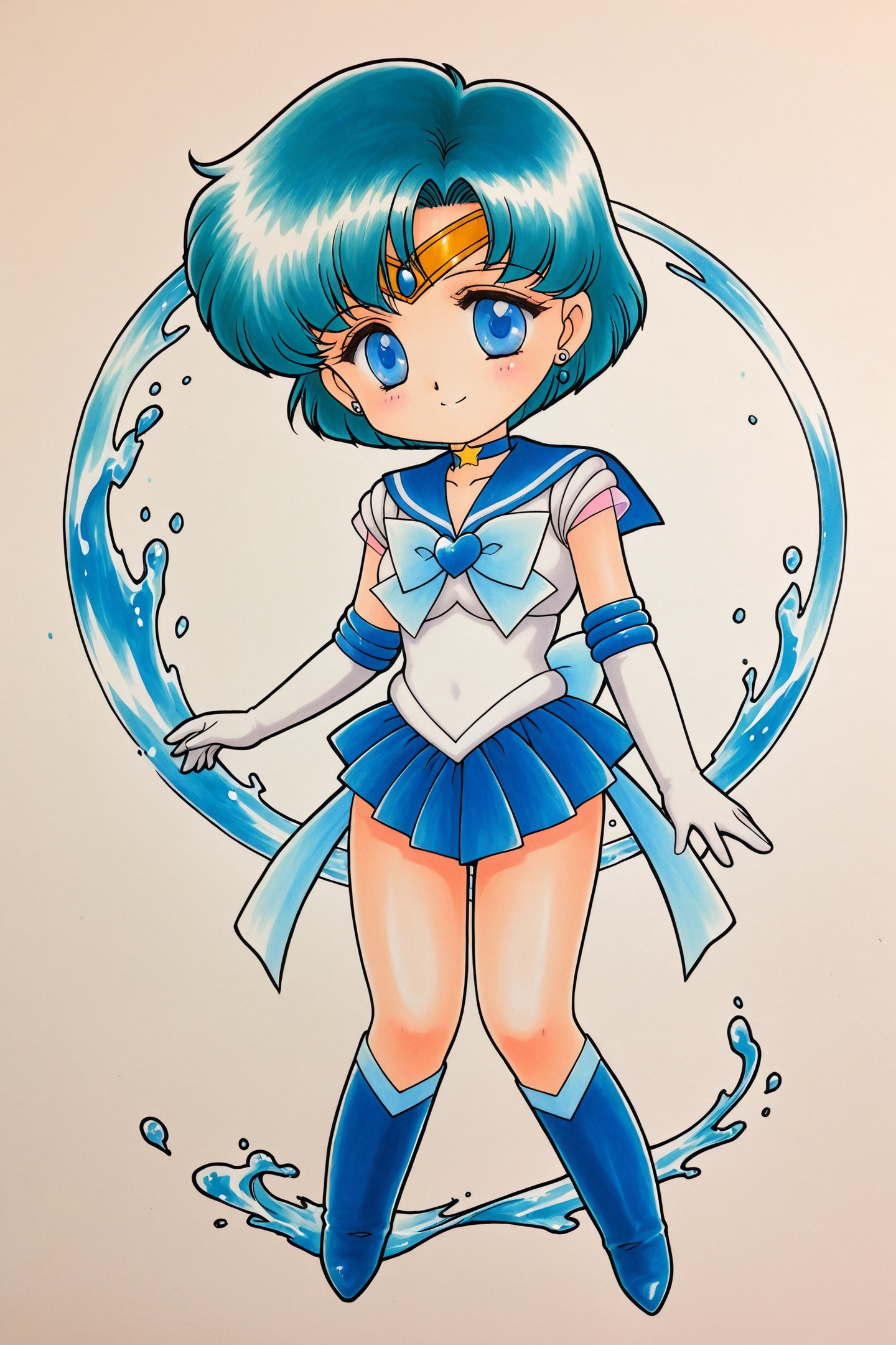 Juu Kuroinu Style,mizuno ami,1girl,sailor mercury,sailor senshi uniform,solo,blue hair,blue eyes,magical girl,short hair,knee boots,blue choker,boots,gloves,choker,skirt,blue skirt,blue sailor collar,sailor collar,blue footwear,white gloves,back bow,jewelry,star \(symbol\),water,elbow gloves,bow,tiara,earrings,traditional media,full body,smile,star choker,pleated skirt,brooch,chibi,<lora:black dog chibi_illustriousXL:1>,