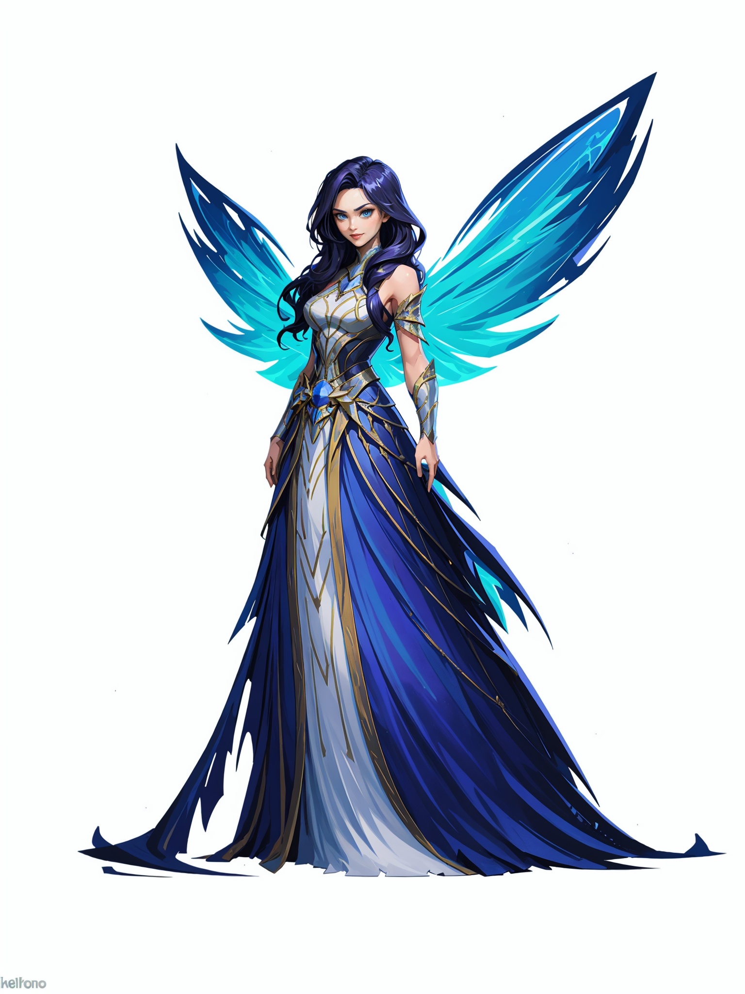 HEZI,Valenlott style,European and American cartoon character design,cutting,dividing,angular,features,1girl,solo,(wings:1.3),full body,a beautiful and exquisite face,blue purple gradient long hair,exquisite eyes,smile,long wavy hair,blue eyes,dress,white full body dress,hemline,skirt hem,bare shoulders,simple background,white_background,look to one side,dramatic,intense,masterpiece,best quality,4k,intricate details,hyper quality,ultra detailed,<lora:欧美卡通人物设计V2版本-000012:0.7>,