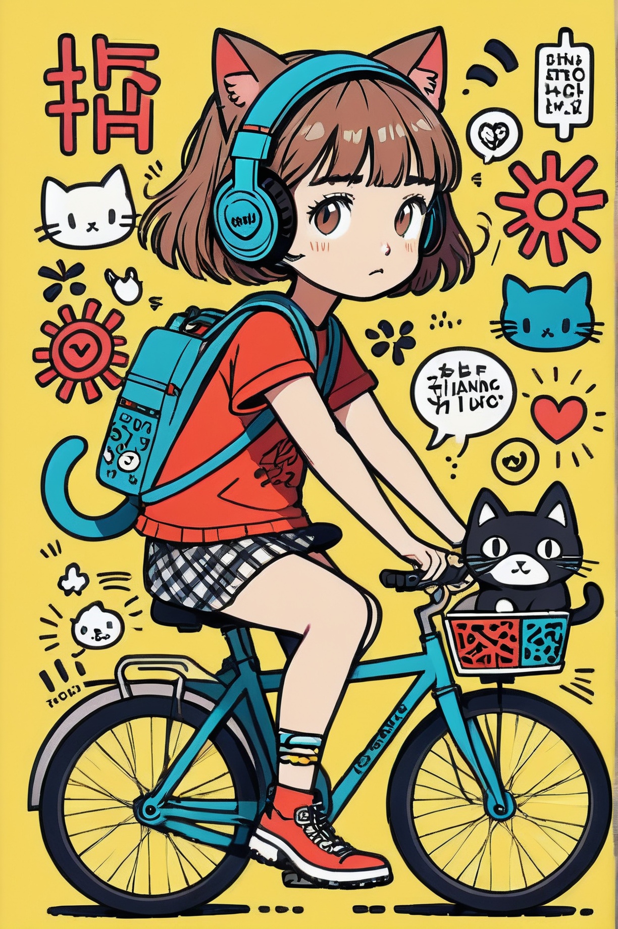 Cute girl, cat,Bike, headphones,doodle in the style of Keith Haring for Flyingsnow, prompt by Tong\(Dongli\),sharpie illustration,solid colors,in the style of grunge beauty,mixed patterns,text and emoji installations, by Hayao Miyazaki, Ghibli style