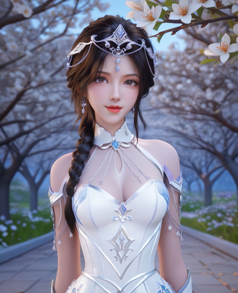 <lora:613-DA-XL-神印王座-白玥:0.8>(,1girl, ,best quality, ),looking at viewer,  ,ultra detailed background,ultra detailed background,ultra realistic 8k cg,, ,masterpiece, (( , )),, ,      ,  orange blossoms,  (cleavage), (), ,,