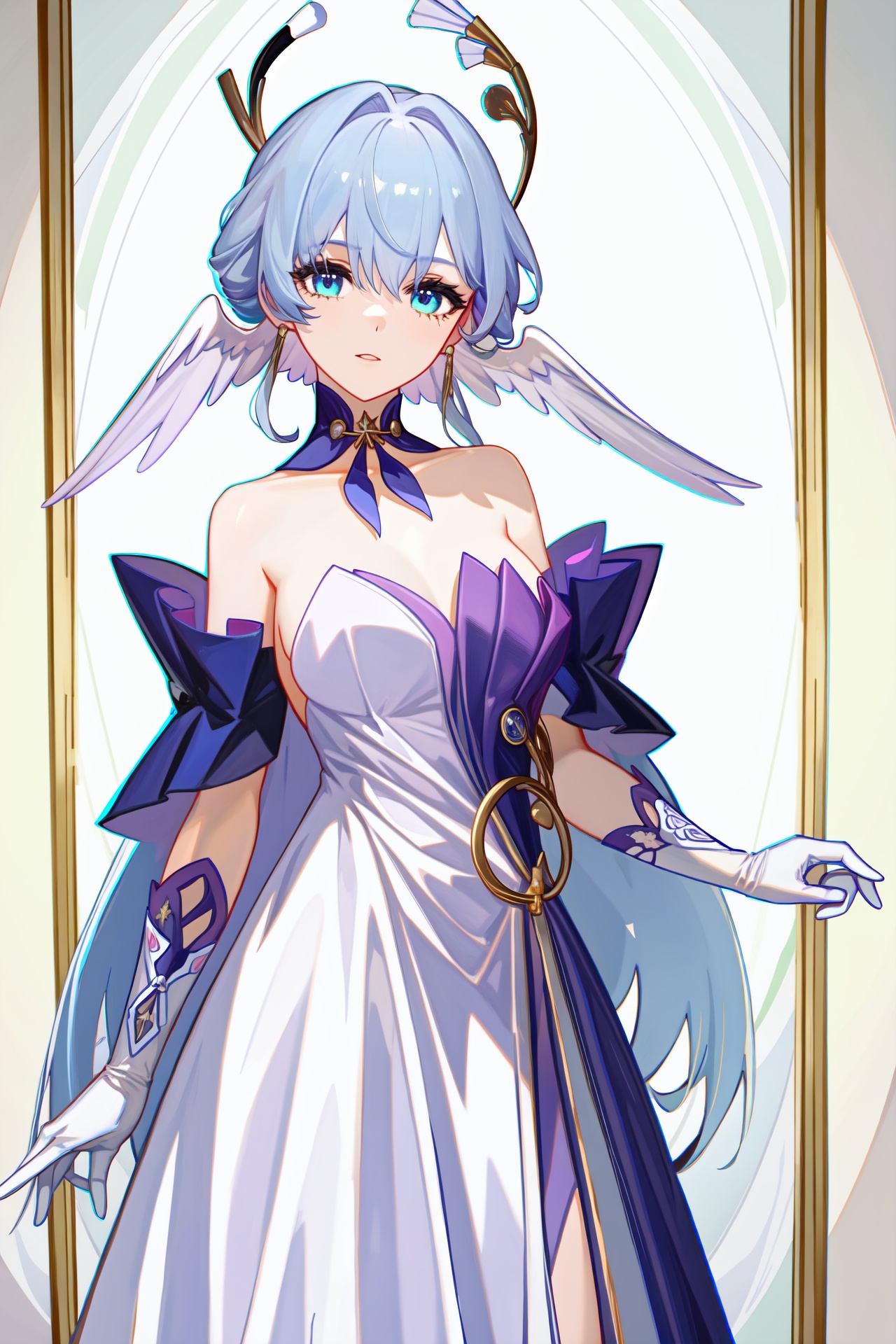 1girl,robin,head wings,strapless dress,white gloves,white dress,purple dress,collarbone,<lora:知更鸟v15:1:lbw=char>,blue hair,<lora:nai3画风bysdlion-000035:1:lbw=paint>,, (masterpiece,best quality,high quality:1.4),absurdres,