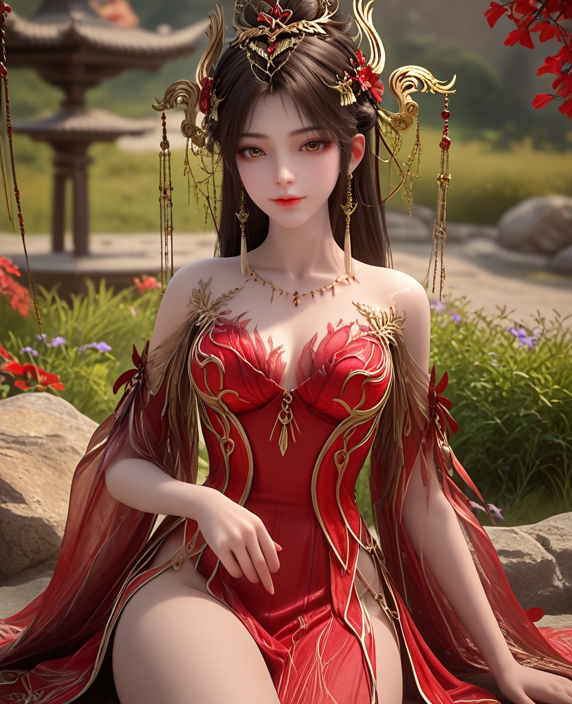 (oriental architecture, elegant decor, sophisticated style:1.1),Lying supine, one knee bent, with a hand gently touching her collarbone, she exudes an inviting sensuality,(breasts:1.2),<lora:XL16完美世界火灵儿婚服:0.95>,chinese bride,red corset gown,brown eyes,black hair,hair ornament,half-up crown braid with long cascading hair,jewelry,earrings,wide flowing sleeves,see-through,, zPDXL2, score_9, score_8_up, score_7_up BREAK realistic, masterpiece,best quality, highly detailed,, zPDXL3, zPDXL2,zPDXL, zPDXLxxx, zPDXLrl,