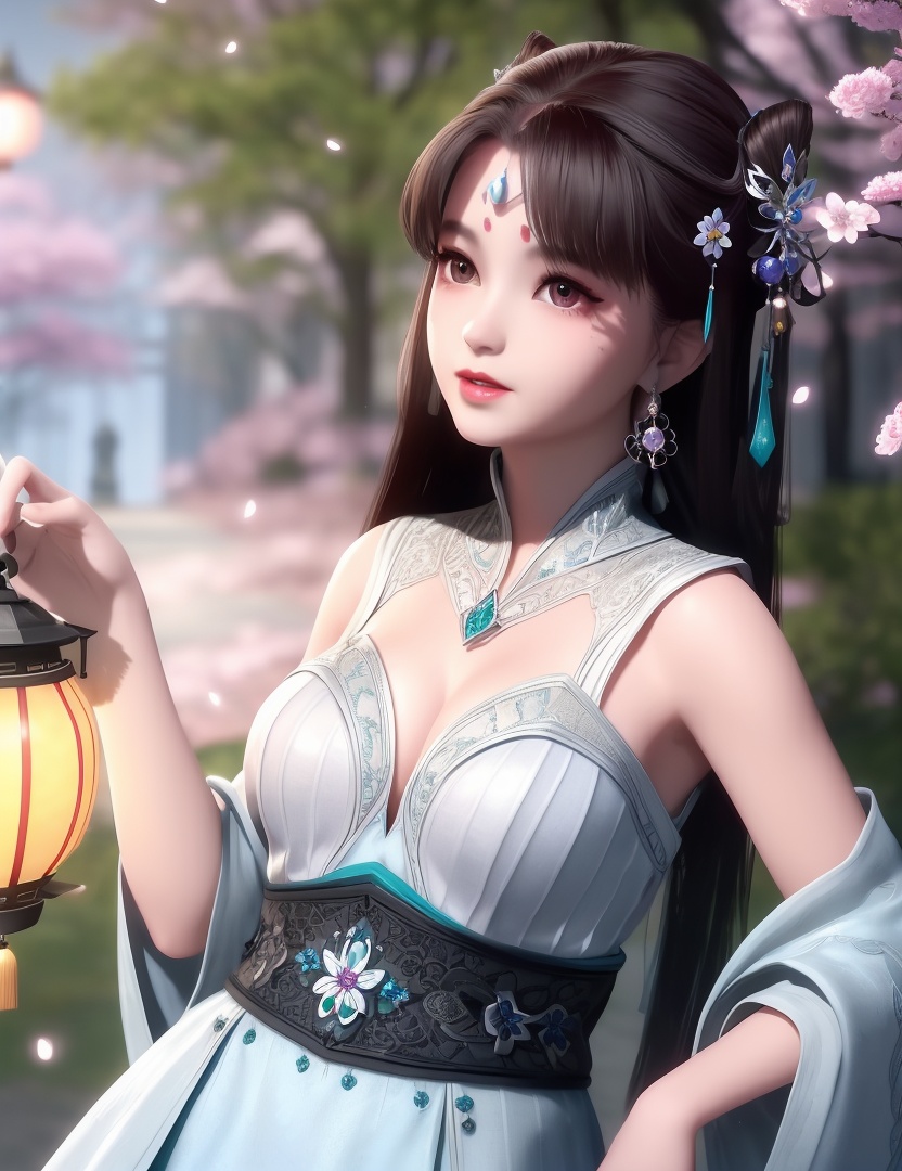 ultra realistic 8k cg, picture-perfect face, flawless, clean, masterpiece, professional artwork, famous artwork, cinematic lighting, cinematic bloom, perfect face, beautiful face, fantasy, dreamlike, unreal, science fiction,  beautiful clothes, lace, lace trim, lace-trimmed legwear,  (rich:1.4), prestige, luxury, jewelry, diamond, gold, pearl, gem, sapphire, ruby, emerald, intricate detail, delicate pattern, charming, alluring, seductive, erotic, enchanting, hair ornament, necklace, earrings, bracelet, armlet,halo((,1girl, ,))(((,teenage,full moon,lantern, cherry blossoms, 1girl, tree, spring_\(season\), solo, black_hair,chinese clothes,looking at viewer, upper body, ))) <lora:DA_LanLingEr:0.6>