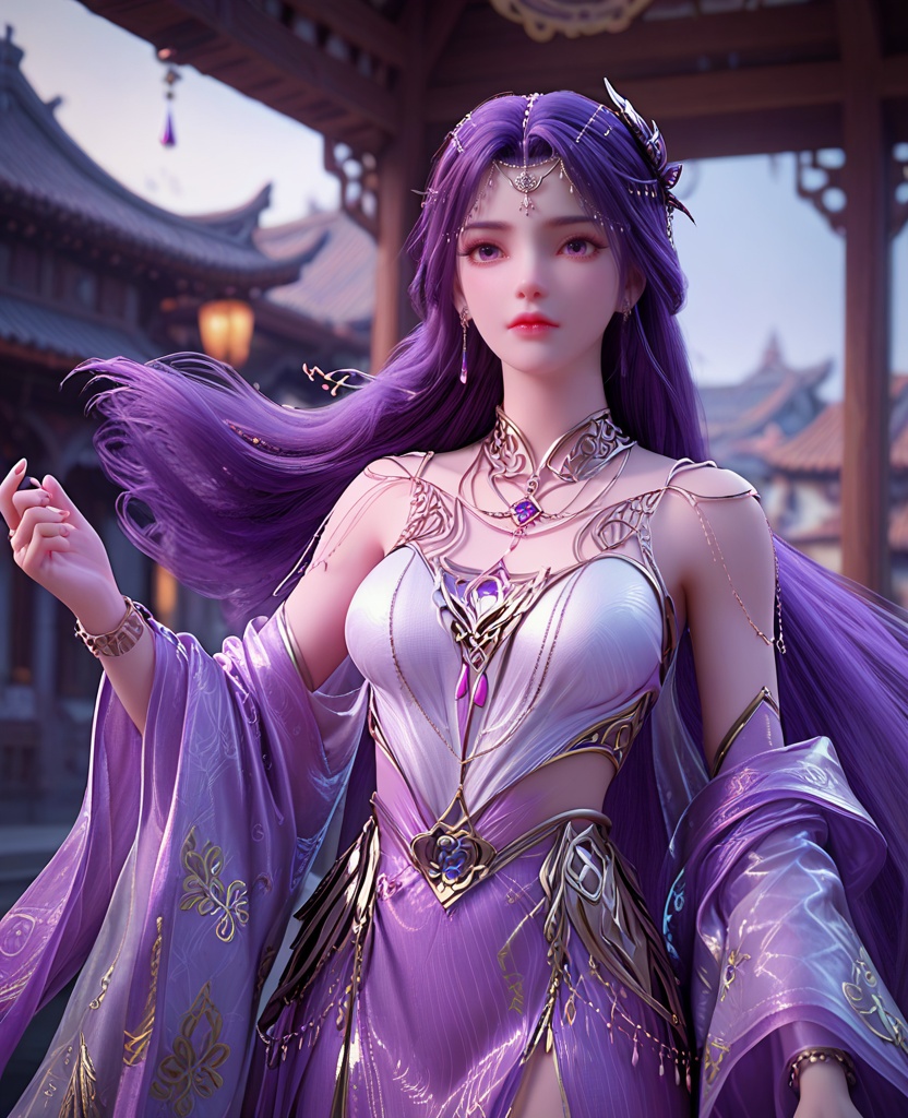 (oriental architecture, elegant decor, sophisticated style:1.1),flying in the air,supergirl,(breasts:1.2),<lora:XL完美世界云曦天命石:0.95>,miss yunxi,solo,white outer and purple inner double dress,purple eyes,purple hair,absurdly long hair,hair ornament,jewelry,earrings,necklace,sash and overskirt,shawl,see-through wide sleeves,, zPDXL2, score_9, score_8_up, score_7_up BREAK realistic, masterpiece,best quality, highly detailed,, zPDXL3, zPDXL2,zPDXL, zPDXLxxx, zPDXLrl,