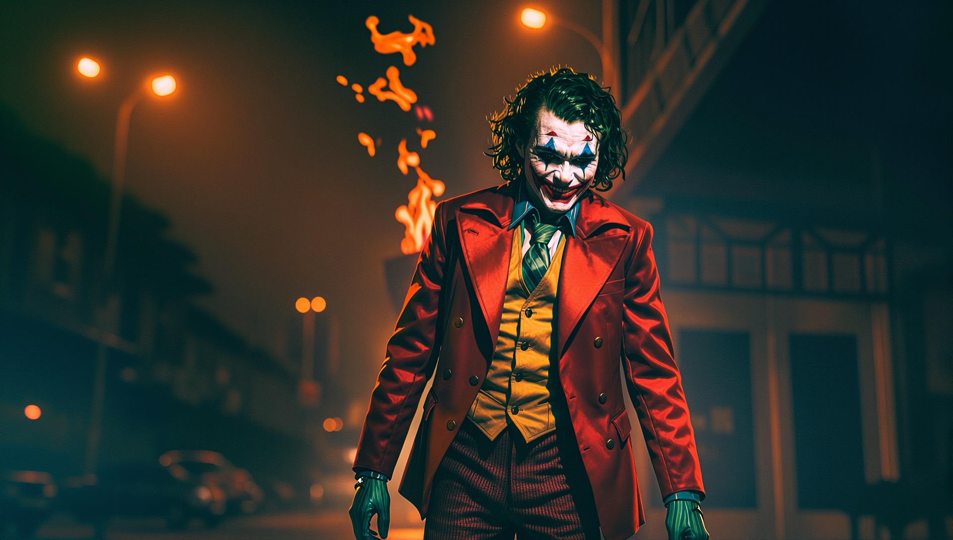 The Joker standing in a chaotic street,  flames rising behind him,  his grin illuminated by flickering firelight on Tensor...