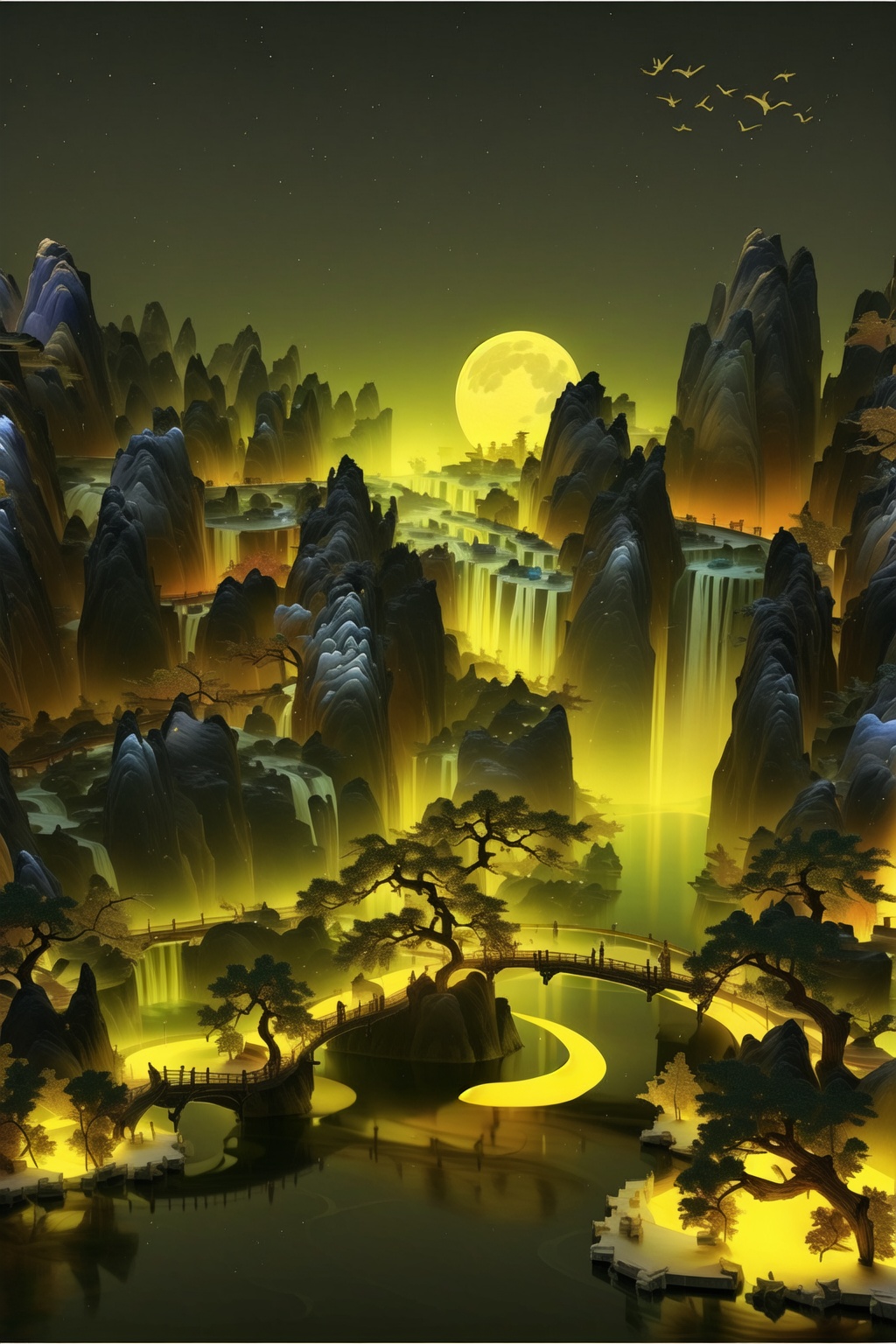 ycbh,scenery,moon,tree,water,bridge,river,no humans,outdoors,mountain,waterfall,bird,3D,three-dimensional landscape,luminescence,gilding,Chinese artistic conception,<lora:ycbh4:0.8>,