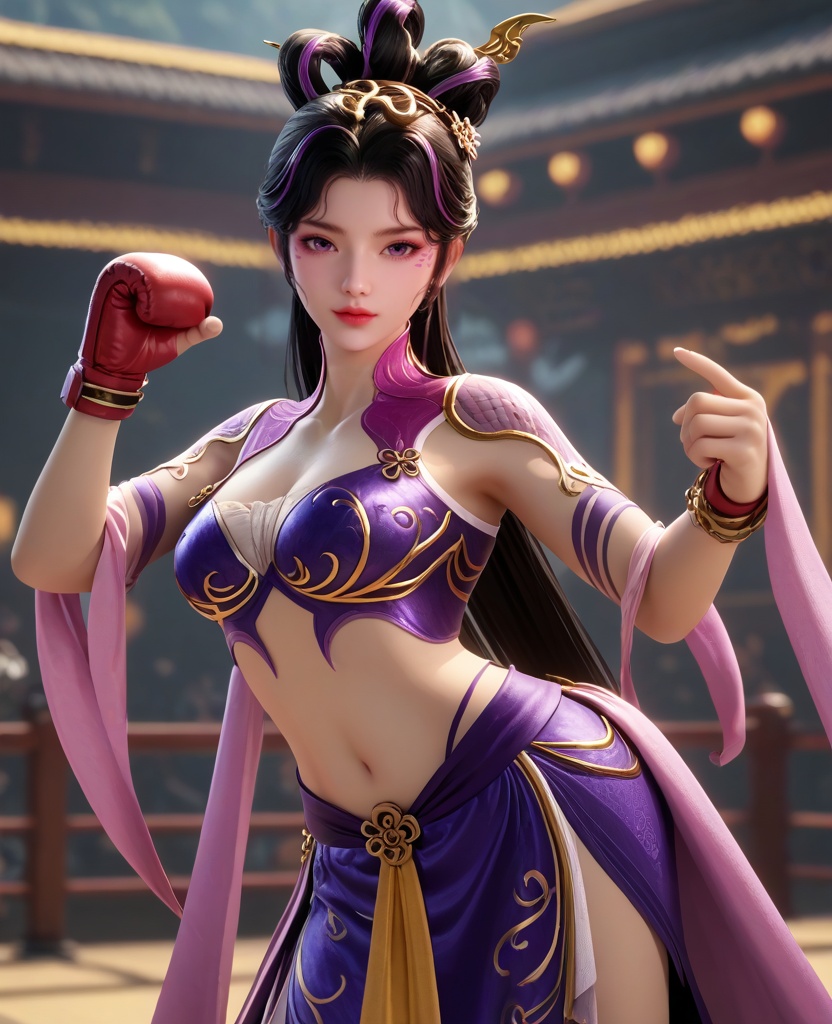 (oriental architecture, elegant decor, sophisticated style:1.1),(boxing:1.1),(breasts:1.2),<lora:XL16牧神记付磬允:0.95>,miss fuqingyun,purple belly dance bra,purple tiered high-low skirt with train,purple eyes,facial mark,black hair,streaked hair,looped bun with tresses,very long hair,hair ornament,jewelry,hagoromo,bracelet,, score_9,score_8_up,score_7_up,score_6_up,score_5_up,score_4_up,3d rendering,tag1,tag2, Cinematic Lighting,backlighting,