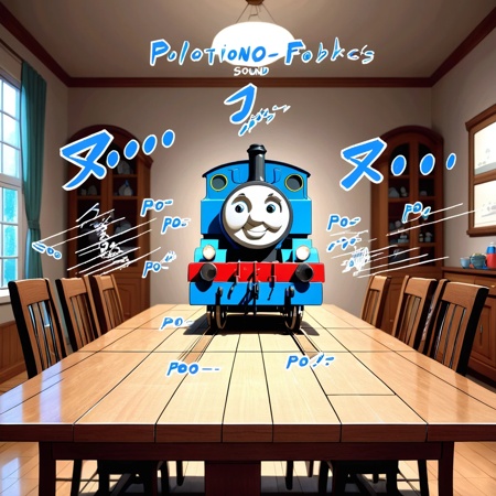 Thomas the **** engine,  on table, dining room, text, ("PO":1.3), (motion lines, sound effects:1.9), no humans, masterpiece, best quality