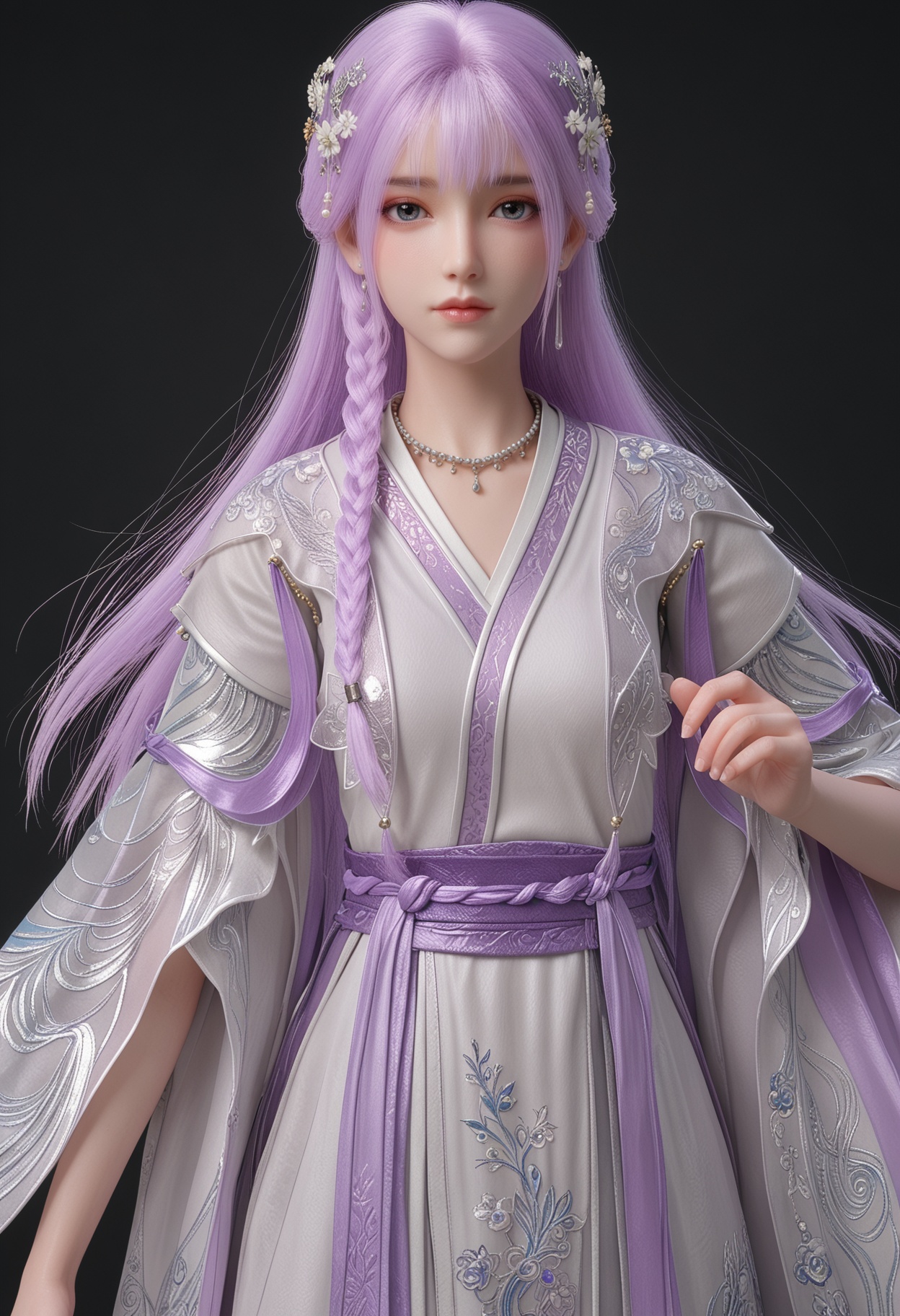 (cowboy shot:1.2),score_9,score_8_up,masterpiece,(best quality),intricate details,facing viewer,(looking at viewer:1.1),<lora:YQ_pony_tianqiong_shaonv_V4:0.8>,q1528437228,1girl,solo,long hair,purple hair,jewelry,hair ornament,earrings,braid,necklace,dress,hair flower,blue eyes,pink hair,chinese clothes,green eyes,side braid,grey eyes,japanese clothes,wide sleeves,long sleeves,sash,robe,BREAKscore_9,score_8_up,masterpiece,(best quality),perfect anatomy,(hourglass),perfect face,(simple background,pure black background,black background:1.1),fair_skin,shiny_skin,Ivory_skin,