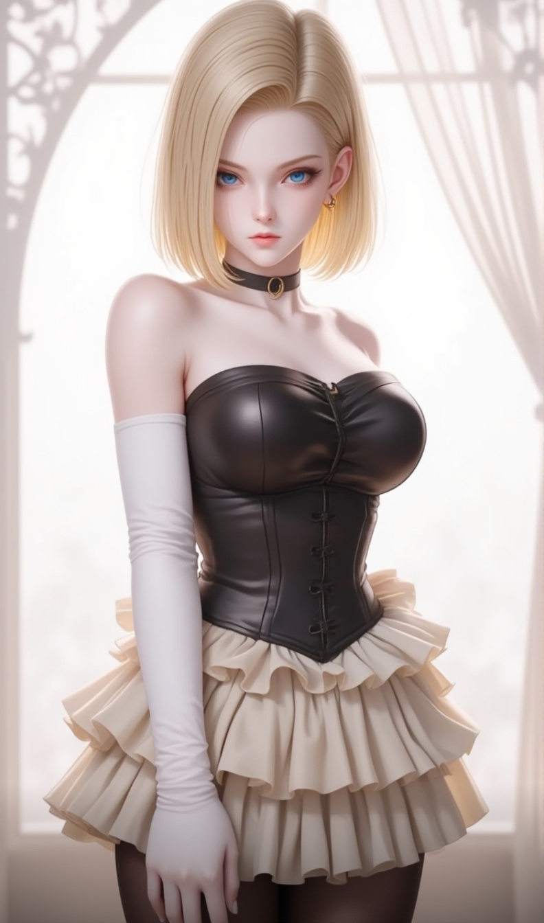 anime-style, 1girl, solo, blonde hair, pantyhose, blue eyes, breasts,  looking at viewer, short hair, android 18，This is a highly detailed, digital illustration of a young woman with a fair complexion and a slender, petite physique. She has straight, shoulder-length blonde hair that frames her face. and she has a serene, contemplative expression. She wears a strapless, form-fitting black leather corset that accentuates her small breasts and hourglass figure. The corset is paired with a voluminous, off-white, ruffled skirt that creates a dramatic contrast against the dark corset.She also wears long, white, elbow-length gloves that extend to her forearms, adding a touch of elegance and sophistication. A black choker adorns her neck, adding a hint of edginess to her otherwise delicate appearance. Her makeup is subtle, with a focus on her eyelashes and lips, which are lightly tinted pink.The background features an ornate, white, floral-patterned window that allows soft, diffused light to illuminate the scene, casting a gentle glow on the subject. The overall color palette is soft and ethereal, with a mix of whites, blacks, and pastel tones. The image is highly polished, with meticulous attention to detail in both the subject's features and the intricate background. <lora:118号:1>