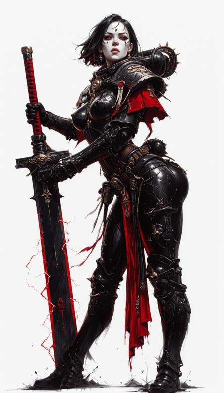 bsister, adepta sororitas, wh40k, battle sisters, power armor, black armor, pauldron, bsister,,, breastplate, full body armor,,,    holding weapon, fighting stance, holding  buster sword,huge weapon,,   traditional media, partially colored, doodle sketch,  masterpiece, best quality, high quality, ultra-detailed, realistic,  traditional media, western comics \(style\) ,limited palette, partially colored, vivid_color, high contrast, speed lines, sound effects, move_effects, action Create a detailed digital artwork of a muscular, nude figure in a dynamic pose. The figure is adorned in a dark, intricately designed mask with glowing red eyes and a matching belt with a unique pattern. The weapon, held high, is a long, slender sword with a hilt that emits a radiant blue glow. The background is minimalistic, with a plain white backdrop that accentuates the figure and the weapon. The color palette is dominated by shades of black, white, and blue, with the red eyes of the mask providing a striking contrast. The style of the artwork leans towards fantasy or warrior themes, with meticulous attention to detail and a realistic yet stylized approach to the character's anatomy. The scene is captured from a frontview angle, focusing on the full body of the character. 1girl, solo, breasts, looking_at_viewer, short_hair, simple_background, large_breasts, black_hair, gloves, holding, jewelry, nipples, ass, weapon, thighs, earrings, nude, black_gloves, sword, grey_background, holding_weapon, completely_nude, mask, leaning_forward, glowing, thick_thighs, holding_sword, katana, bent_over, glowing_eyes, arched_back, electricity, white_eyes, glowing_weapon, bsister, adepta sororitas, wh40k, battle sisters, power armor, black armor, pauldron, bsister,,, breastplate, full body armor,,,    holding weapon, fighting stance, holding  buster sword,huge weapon,,   traditional media, partially colored, doodle sketch,