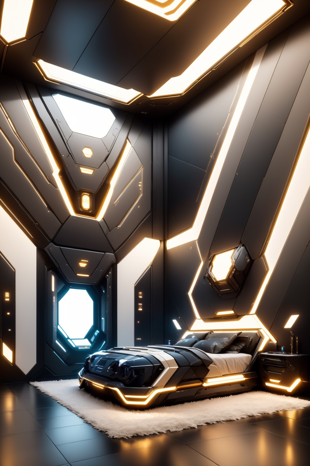 AgainCyberpunk, no humans, science fiction, lights, robot, glowing, mecha, realistic, light, indoors, lamp, machinery