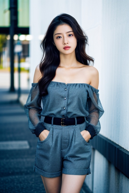 female Eighteen, Curvy, Ashkenazi Jew, Steel gray eyes, Curled Ears, Nostril Narrow Nose,  Wide Jaw,  Rounded Forehead,  Chiseled Chest,  , Denim Blue Long layers hair, Trust wearing Dark purple  Camouflage Pleated shorts, Rosewood  Lace Wrap cardigan, , , , Standing tall, hands on hips, looking confident,  Draped full body clothing, Off-the-Shoulder Neckline, Solar-powered Mesh, Filamentous, Palladium, Three-Quarter Sleeves, Floor-Length, Drop Waist, Mermaid Skirt,  Asymmetric Hem,,Low Back,,Sequins  ,Aurora Borealis Diving Suit,Miasma,hwgirl,<lora:Hwgirl_V05:0.9>,
