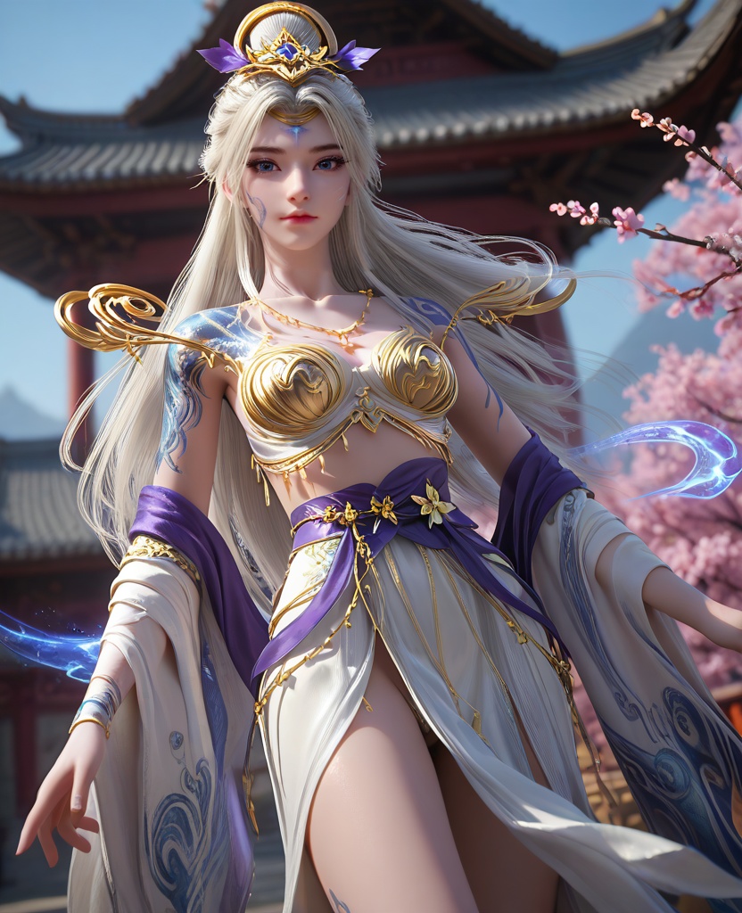 (oriental architecture, elegant decor, sophisticated style:1.1),martial arts flying kick,(breasts:1.2),<lora:XL16完美世界莫仙:0.95>,miss moxian,white filigree bra,white chiffon skirt,blue eyes,white hair,very long hair,hair ornament,traditional chinese updo with long front strands,facial mark,necklace,(blue tattoo:1.3),(full right sleeve:1.3),hagoromo,, zPDXL2, score_9, score_8_up, score_7_up BREAK realistic, masterpiece,best quality, highly detailed,, zPDXL3, zPDXL2,zPDXL, zPDXLxxx, zPDXLrl,