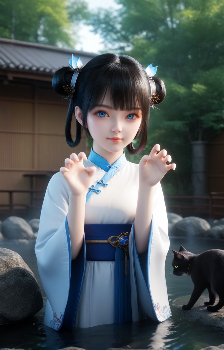 score_9,score_8_up,score_7_up,source_anime,eye reflection,(beautiful_detailed_eyes:1.2),highly detailed,volumetric,dramatic lighting,oil,(shiny_skin:1.2),ultra detailed 8k cg,ultra detailed background,(full_shot:1.3),rating_explicit,3D,(realistic:1.5),perfect face,detailed face,sexy pose,supermodel,overall warm color,dol,innocence,mysterious,surreal,highly detailed,concept art,extremely detailed,amazing quality,ultra-high resolution,32K UHD,<lora:0653 Open-air hot spring_pony:0.8>,ruanyi0653,japanese tangchi,onsen,fence,rock,water,sharp focus,best-quality,with a high-end texture,golden hour,unconventional supreme masterpiece,masterful details,temperate atmosphere,high detailed  skin,(detailed skin:1.1),highly detailed,nice hands,Skindentation,skin depression,<lora:Add_more_details_V2_XLpony:0.6>,dramatic lighting,detailed face,<lora:qingxuan_zhouru_PONY-000005:0.7>,1girl,solo,chinese clothes,black hair,hair rings,hanfu,outdoors,looking at viewer,hair ornament,hair bun,black hair,double bun,hair rings,realistic,day,blue eyes,blue_dress,(cat_pose:1.3),