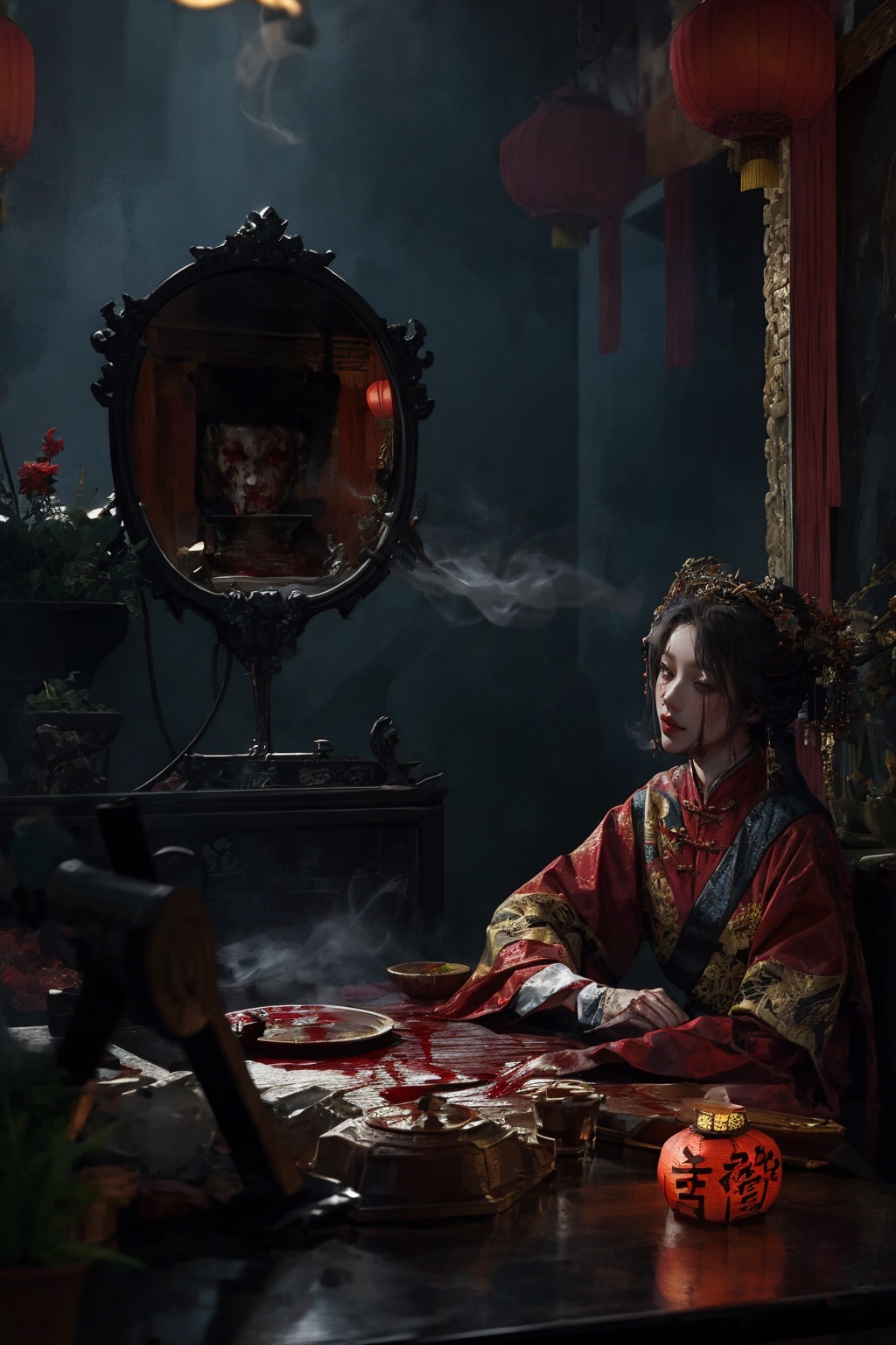 1girl,upper body,solo,Chinese architecture,Graveyard,haunted houseChinese architecture,haunted house,chinese lantern,horror,dark theme,night,smoke,red hanfu,mirror,coffin,blood,red clothes,<lora:麻袋NSFW2024-001恐怖滤镜:0.8>,, masterpiece,best quality,ultra-detailed,