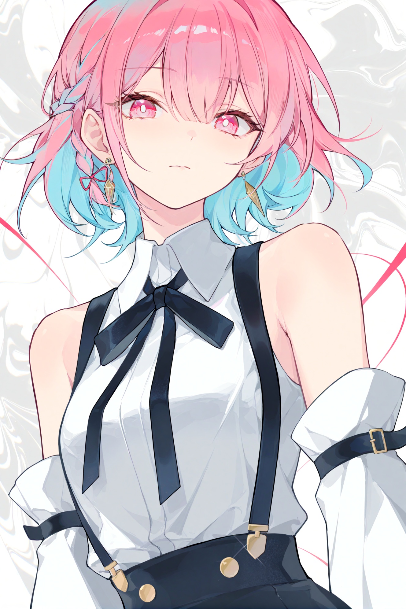 akengichi,simple,crisp,gwwj,ezu,Tender,(masterpiece:1.1),(best quality:1.1),dynamic_angle,(extremely delicate and beautiful:1.1),(huge filesize:1.1),(Noise and grain:1.1),(amazing quality:1.1),\\//,1girl, solo, jewelry, earrings, shirt, pink eyes, looking at viewer, braid, upper body, pink hair, detached sleeves, white shirt, closed mouth, short hair, multicolored hair, blue hair, bare shoulders, sleeveless, collared shirt, bright pupils, ribbon, black ribbon, white pupils, sleeveless shirt, hair between eyes, suspenders, neck ribbon