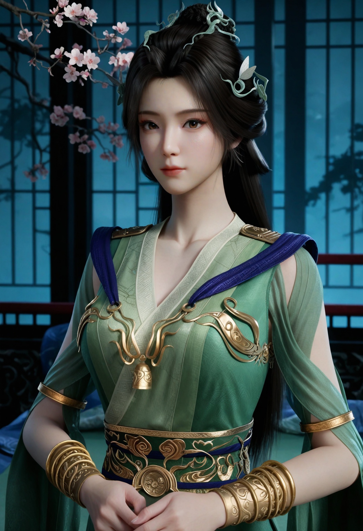 (looking at viewer:1.1),upper body,(Dark room:1.3),(moody lighting:1.1),peach blossom,falling petals,(large breasts:0.8),hanyunzhi,1girl,solo,black hair,long hair,hair ornament,green dress,realistic,dress,closed mouth,jewelry,bracelet,chinese clothes,sash,brown eyes,hair bun BREAK masterpiece,(best quality),(intricate details:0.9),(realistic skin:1.2),<lora:QQSillhanyunzhiV1:0.8>,