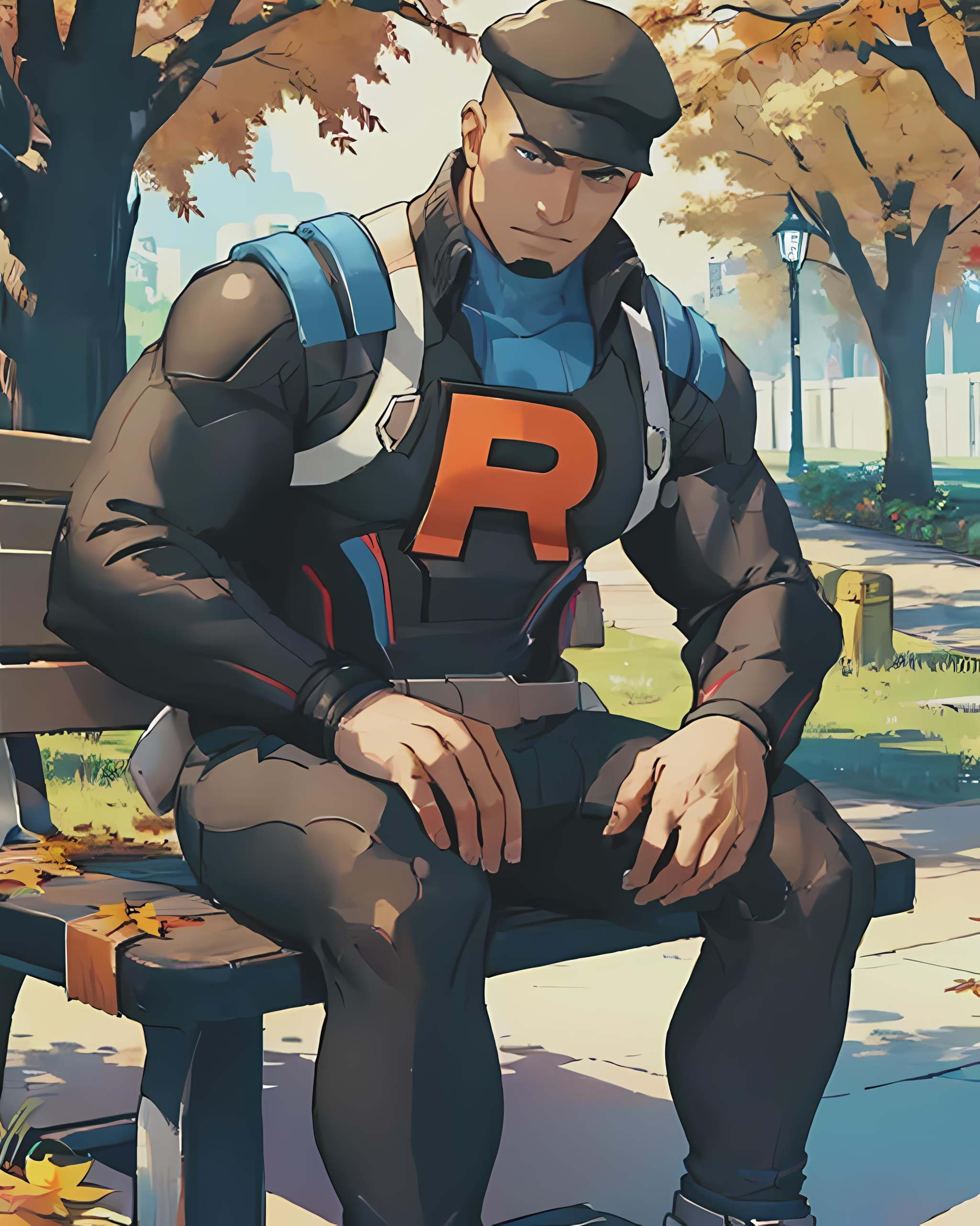 best quality, masterpiece, 1man, cliff_pokemon, sitting down, bench, autumn <lora:Cliff-15:0.75>