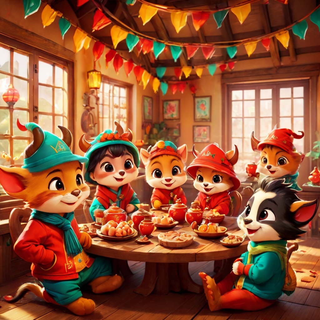 The illustration should feature a group of (((adorable little devils))). Use bright and (((vivid colors))) to bring out the playfulness of the characters. Experiment with a (((wide-angle lens))) to capture the entire group in a single frame. Ensure the scene is well-lit with (((soft, ambient lighting))) to maintain a cheerful atmosphere. Draw inspiration from renowned cartoonists and animation studios like (((Walt Disney))) for the charming and endearing character design.(poakl cartoon newyear style:1.5),best quality,masterpiece,<lora:poaklSDXLcartoonnewyearV2-000007:0.6>,