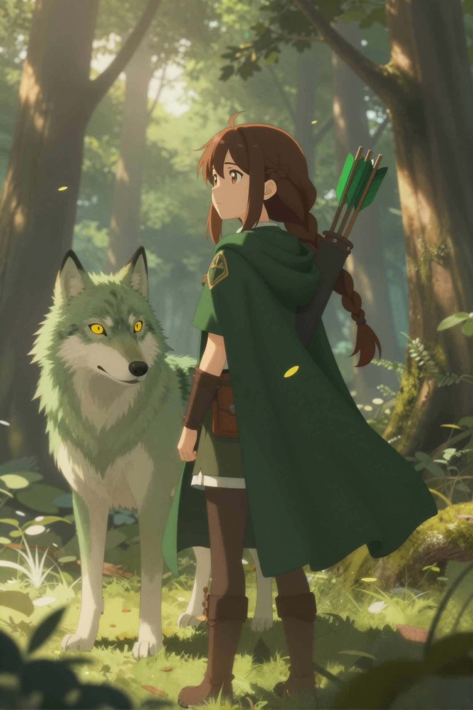 A Anime ranger girl with long brown hair,  braided at the side,  stands in a sunlit forest clearing. She wears a deep gree...