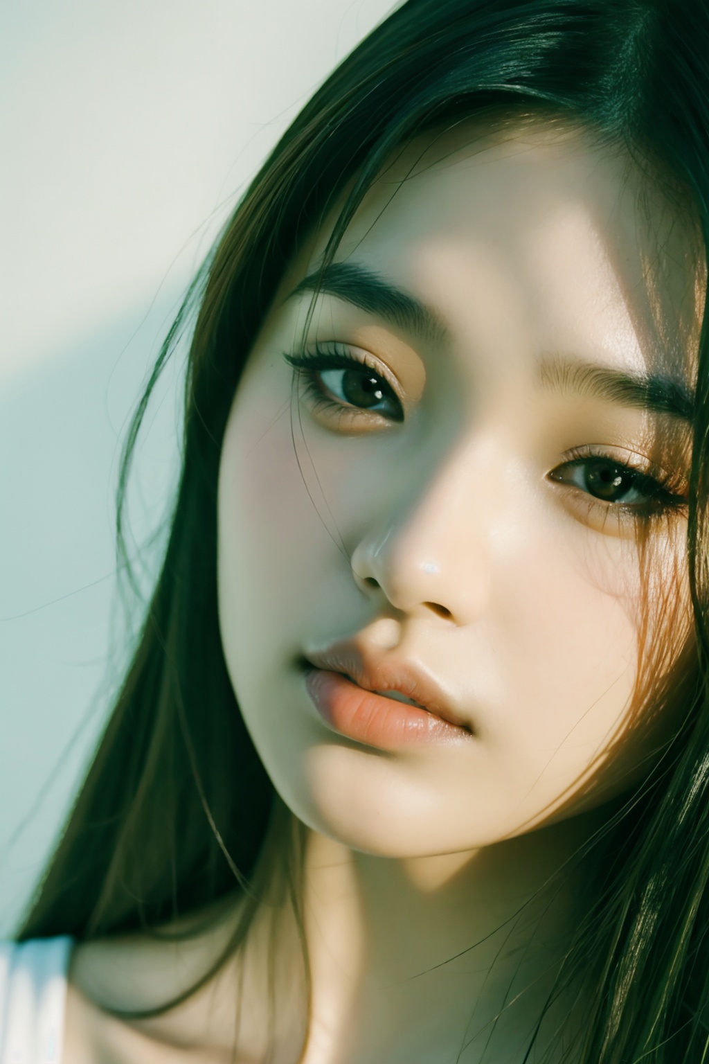 1girl,Camera film style,asians,a close-up of a young woman's face,with a prominent focus on her eyes and lips. there's a subtle green background,possibly a plant or leaf. The lighting is soft,casting gentle shadows on her face,, masterpiece,best quality,