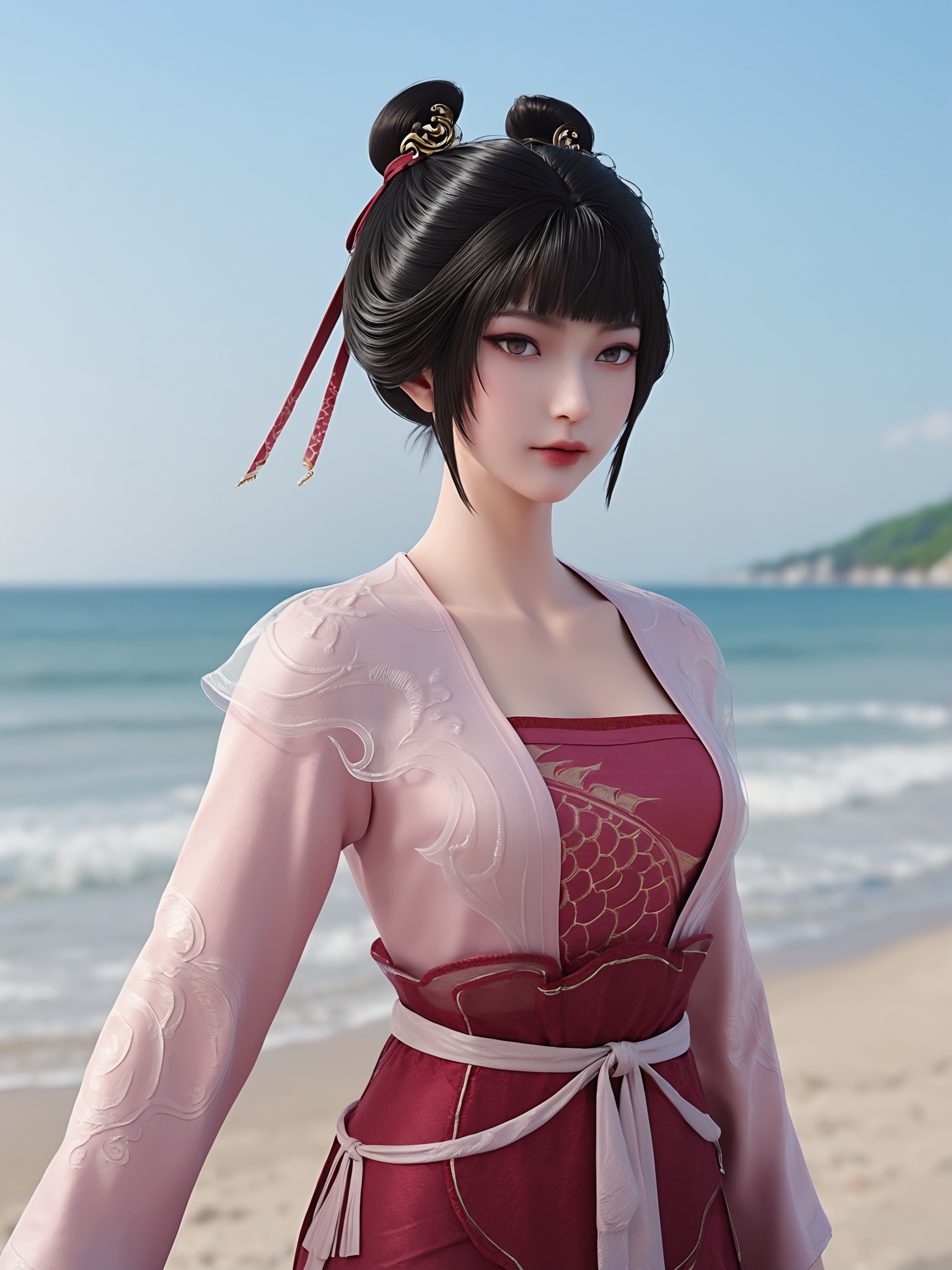 realistic style photo outstanding style,tall,cute,in her teens. Use soft lighting to cast gentle shadows on the subject,adding a touch of dimension to your images without compromising details,score_9,score_8_up,score_7_up,Seaside,beach,waves,<lora:剑来-稚圭Pony:0.7>,black hair,updo , two hairpins,traditional East Asian dress with a pink,semi-transparent outer layer,floral patterns and a red inner layer with a dragon design,white belt,long sleeves,