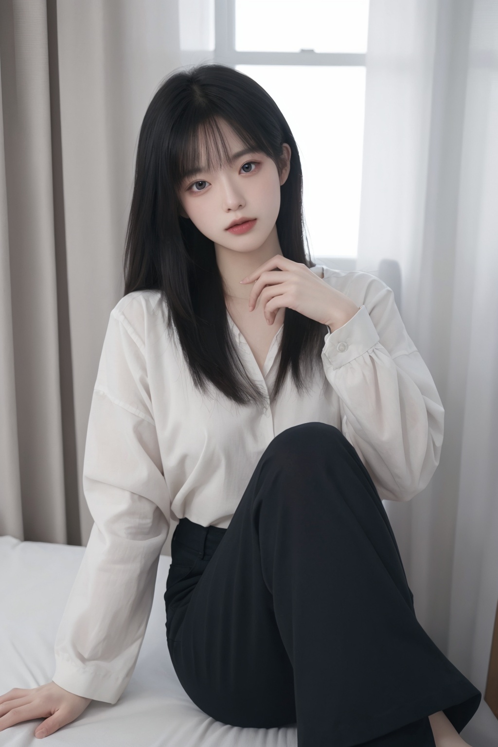 1girl, asian, black hair, buttons, curtains, indoors, lips, long sleeves, looking at viewer, pants, realistic, sitting, smile, solo <lora:清漪:0.66>