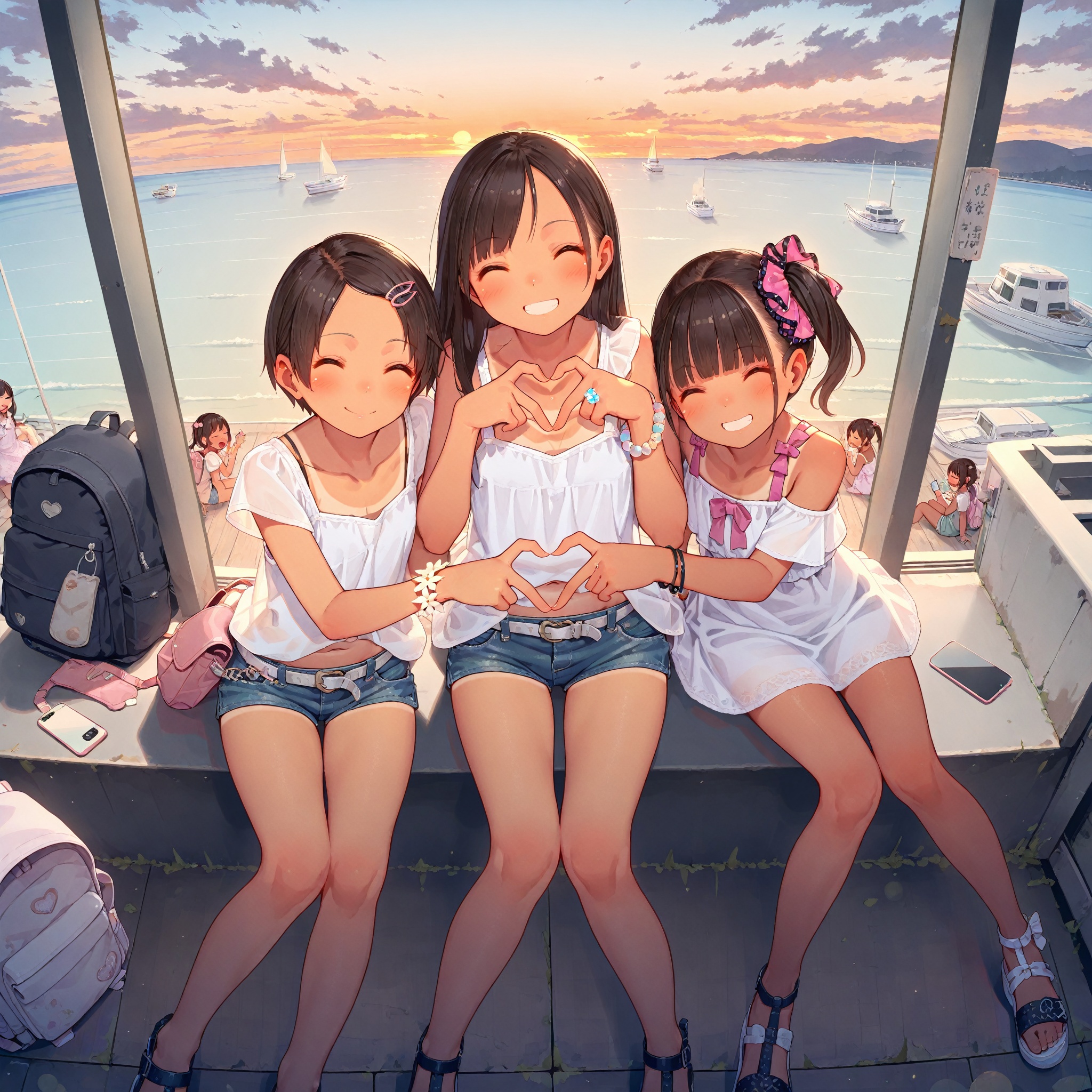 masterpiece,best quality,amazing quality,heart hands, multiple girls, smile, closed eyes, shorts, 3girls, heart, bag, dress, bangs, sitting, hair ornament, black hair, sandals, grin, white dress, bow, hair bow, phone, long hair, outdoors, sleeveless, cellphone, short hair, short shorts, hairclip, blush, heart hands duo, shirt, closed mouth, tan, belt, blunt bangs, see-through, sunset, bare shoulders, cloud, watercraft, scrunchie, smartphone, backpack, sky, jewelry, boat, brown hair, tanlines, ocean, navel, blue shorts, parted bangs, ground vehicle, side ponytail, sleeveless dress, twintails, denim shorts, denim, ^_^, shoes, knees together feet apart, pink bow, collarbone, day, panties, white shirt, bracelet, midriff, underwear, bare legs, short sleeves, girl sandwich, open mouth, horizon, polka dot,<lora:MUK_style_v1:0.7>,
