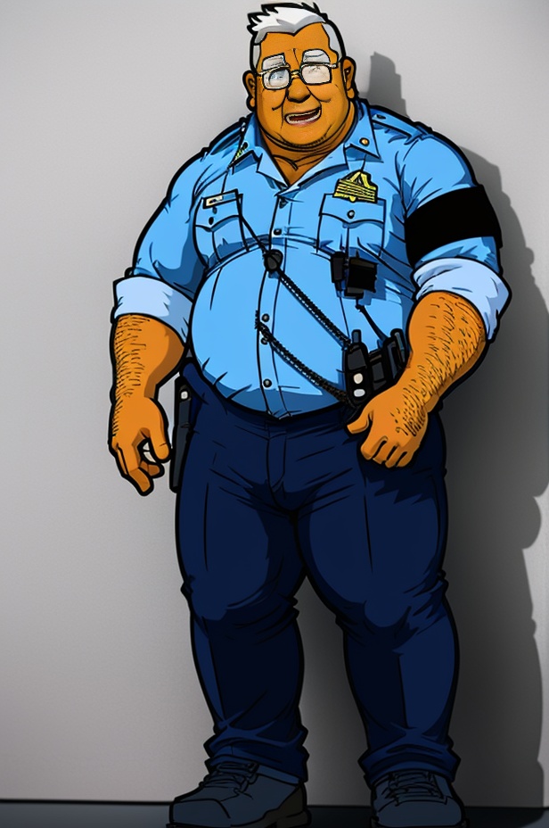 1man, Kamura, 1boy, solo, male focus, uniform, police uniform, glasses, police, muscular, fat, old, old man, sleeves rolled up, muscular male, full body, bara, white hair, plump, shirt, walkie-talkie, weapon, open mouth, pectorals, fat man, dark skin, pants, shadow, facial hair, short hair a cartoon character is standing in front of a wall with a camera in his hand and a police uniform on, police, police_uniform, glasses, 1boy, dark_skin, solo, uniform, old, <lora:SD1.5_KAMURA.V1:0.8>