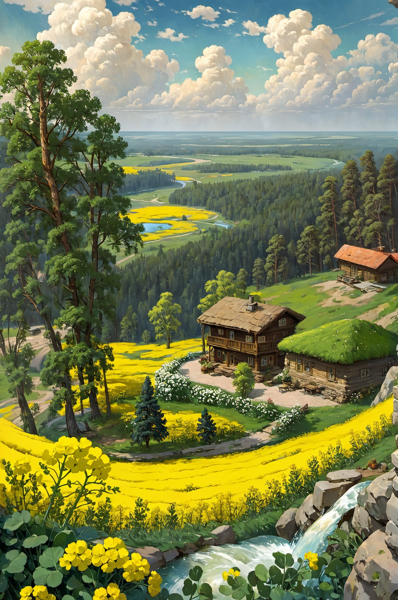 ((Canola flowers)),(terrace),spring,ivan Shishkin,nature,trees,forest,water fall,sky,clouds,rock,cloud,scenery,leafs,flowers,mountain at far,from above,countryside buildings at far,