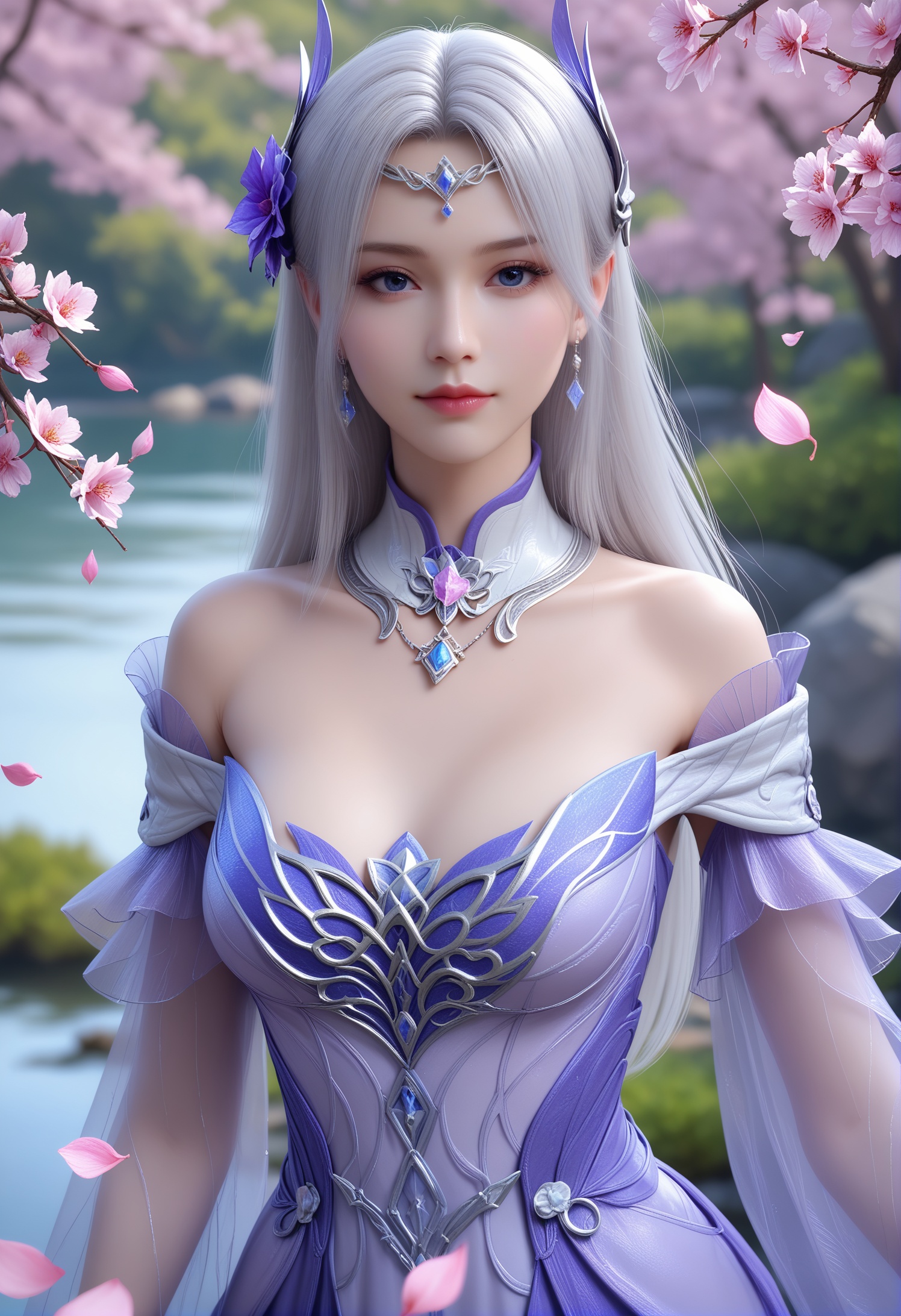score_9,score_8_up,score_7_up,1girl,solo,realistic,(looking at viewer:1.1),(portrait:1.4),1girl,solo,realistic,dress,white dress,purple dress,blue dress,see-through,long sleeves,see-through sleeves,off-shoulder dress,detached sleeves,detached collar,clothing cutout,hair flower,purple flower,flower,1girl,solo,realistic,jewelry,(circlet:1.2),butterfly hair ornament,hair ornament,butterfly,necklace,collar,earrings,bracelet,1girl,solo,realistic,(mature face:1.4),(big eye:0.7),(pale_skin:1.1),(shiny_skin:1.1),(slender face:1.2),long hair,white hair,grey hair,blue eyes,purple eyes,closed mouth,realistic,grass,madotsuki,cherry blossoms,falling petals,petals,outdoors,tree,rock,water,(small_breasts:1.5),<lora:小巳-小医仙-斗尊:0.85>,
