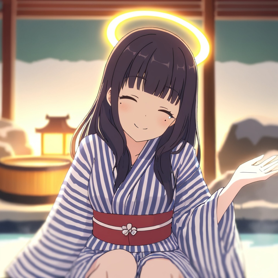 1girl,bangs,bath_yukata,blurry,blush,closed_eyes,eyebrows_visible_through_hair,facing_viewer,halo,japanese_clothes,kimono,long_hair,mole,obi,onsen,sash,sitting,smile,soaking_feet,solo,striped_kimono,water,white_kimono,wide_sleeves,yukata,<lora:PCRcutain:0.8>,