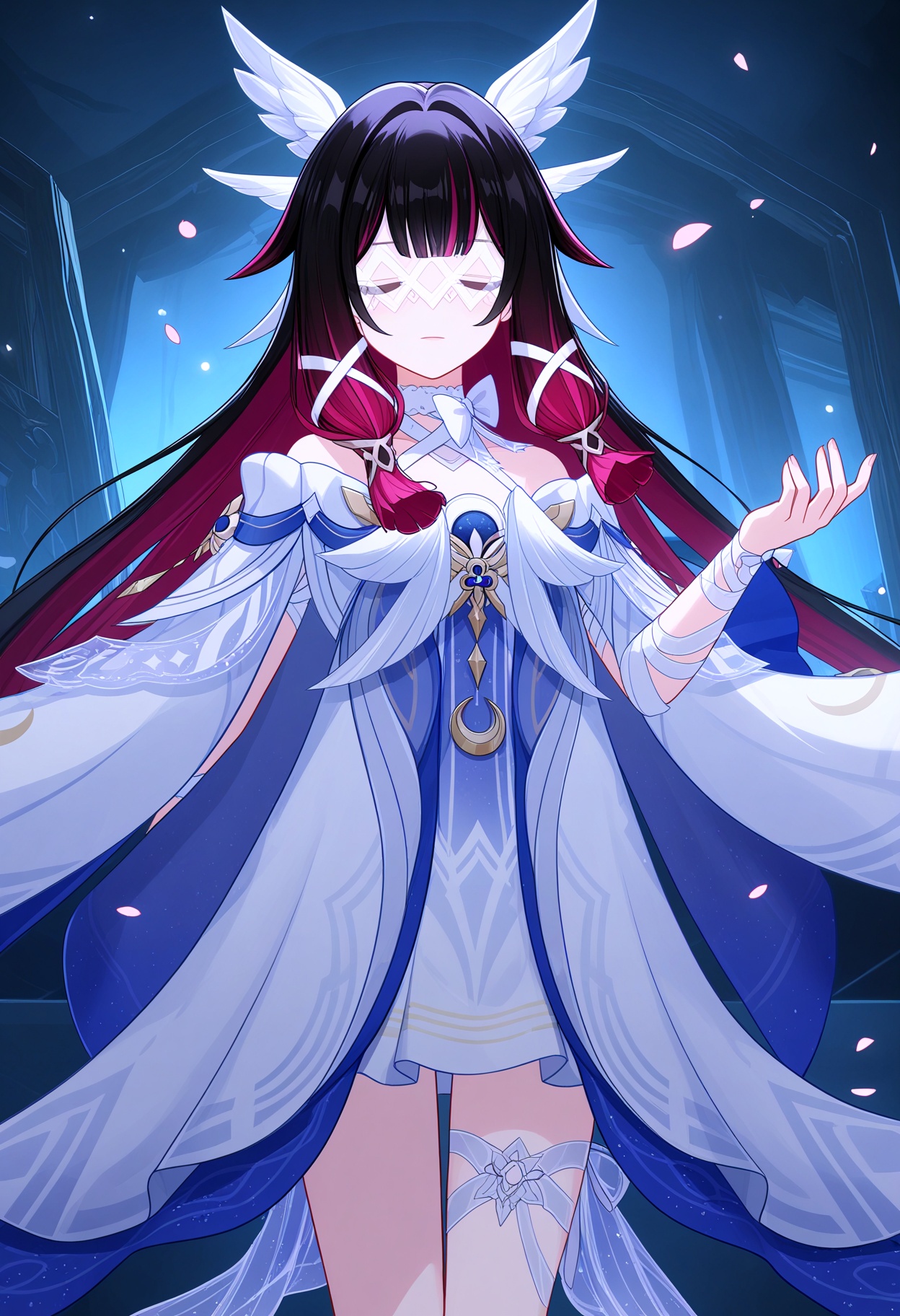 (cowboy shot:1.2),looking at viewer:1.1,masterpiece,(best quality),smog,Dark room,dim lighting,peach blossom,falling petals,<lora:YQ_Illustrious光辉二次元v1_哥伦比娅_V1:0.8>,q1528437228,1girl,solo,closed eyes,purple eyes,long hair,black hair,multicolored hair,hair ornament,dress,two-tone hair,white dress,eye mask,wings,pink hair,white mask,gradient hair,wing hair ornament,head wings,purple hair,red hair,blunt bangs,streaked hair,ribbon,white bow,wide sleeves,long sleeves,white ribbon,hair ribbon,bandages,bow,seele vollerei,fur trim,coat,hair flaps,soles,white,white coat,leg ribbon,