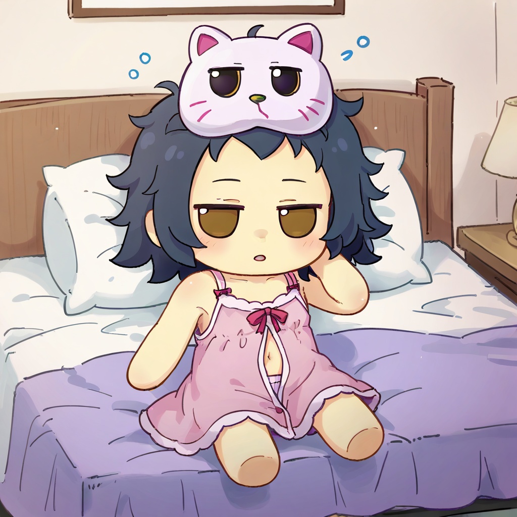 1girl,    fumo doll, chibi, solo, stomach, hair slicked back, sleepy, half-closed eye, under covers, colored skin, open mouth, on bed, sitting, unworn mask, mask on head, bare legs, light blush, yellow skin, alternate costume, straight-on, messy hair, grey **** top, character doll, black hair, hand in own hair, closed mouth, expressionless, half-closed eyes, babydoll touchchan \(cosplay\), stool, cosplay, bottomless, legs together, dot nose, mask, indoors, bare shoulders, navel, knee blush, looking at viewer, pillow, bare arms, clothes on bed, rubbing eyes, brown eyes, child, underwear, pale skin, waking up, doll on hair, sleep mask, purple pajamas, arm up, pink babydoll, holding own wool, full body, nightmare orb, bedroom, **** top, hand on own shoulder, pajamas, purple skin, barefoot, score_9, score_8_up, score_7_up, source_anime <lora:XL_fumo_(doll)(pony):1>