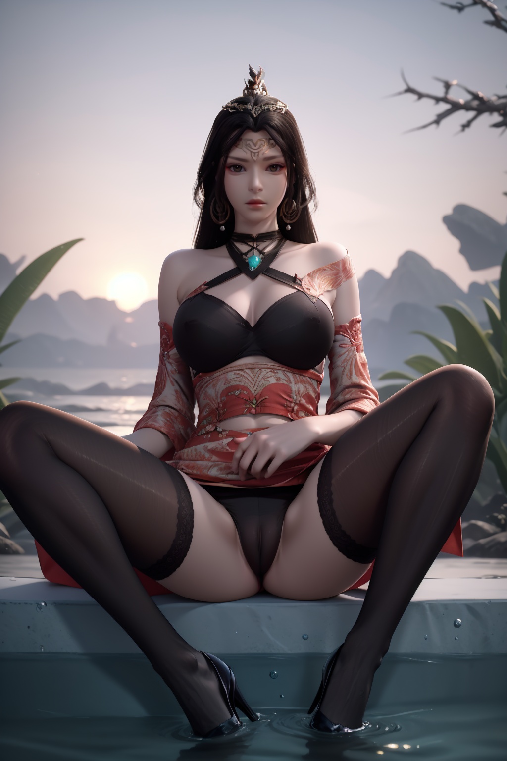 1girl,underwater,submerged,floating hair,air bubble,holding breath,see-through,masterpiece,best quality,highly detailed,fish,(wide hip:1.2),jellyfish,earrings,hair ornament,sea weed,coral reef,shark,sea turtle,sexy pose,chinese dress,chinese clothes,huge breasts,black pantyhose,(looking at viewer:1.2),sitting,(spread legs),perfect cameltoe,(torn pantyhose),