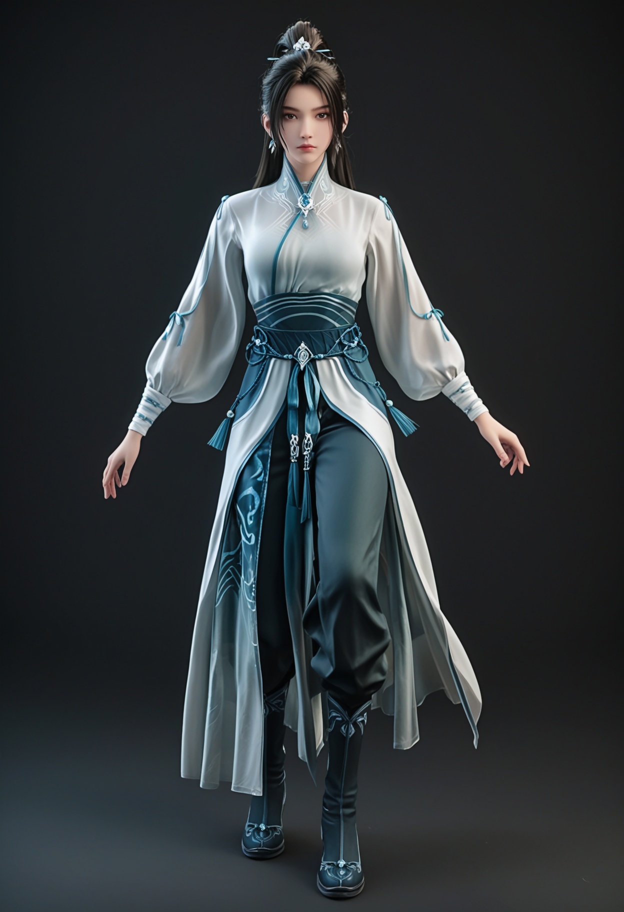 (standing full_body:1.1),score_9,score_8_up,masterpiece,(best quality),intricate details,1girl,facing viewer,(looking at viewer:1.1),<lora:YQ_pony_ningyao3.0_V6:0.8>,q1528437228,1girl,solo,long hair,jewelry,earrings,chinese clothes,white dress,ponytail,black hair,long sleeves,brown hair,hair ornament,brown eyes,black footwear,pants,hair bun,sheath,hair ribbon,BREAKscore_9,score_8_up,masterpiece,(best quality),perfect anatomy,(hourglass),perfect face,(simple background,pure black background,black background:1.1),fair_skin,shiny_skin,Ivory_skin,