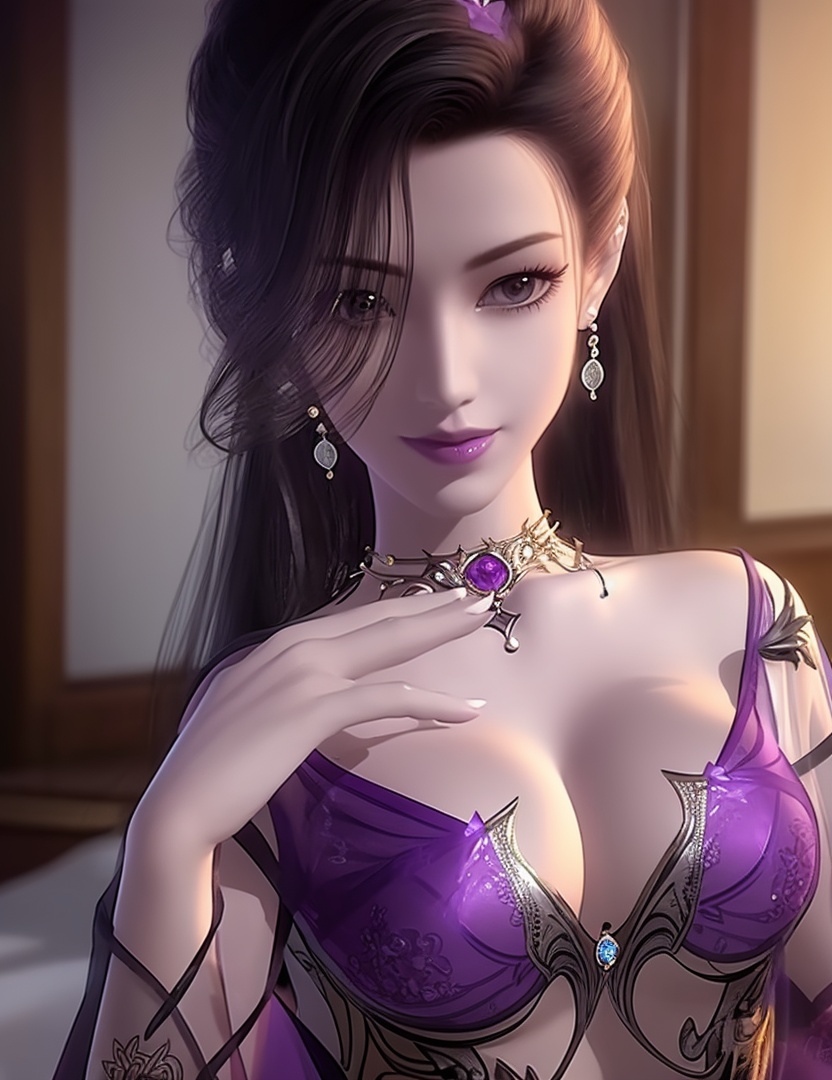 ultra realistic 8k cg, , flawless, clean, masterpiece, professional artwork, famous artwork, cinematic lighting, cinematic bloom, perfect face, beautiful face, fantasy, dreamlike, unreal, science fiction,  beautiful clothes, lace, lace trim, lace-trimmed legwear, , prestige, luxury, jewelry, diamond, gold, pearl, gem, sapphire, ruby, emerald, intricate detail, delicate pattern, charming, alluring, seductive, erotic, enchanting, hair ornament, necklace, earrings, bracelet, armlet,halo((,1girl, pov,))(((,, 1girl, ,,  purple flower, , )))<lora:DA_CaoNvYaoNightwear:0.8>