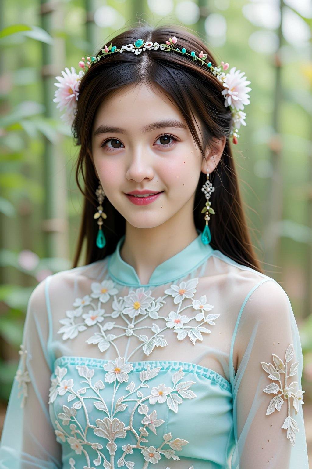 The image depicts a photograph of an Asian woman with fair skin and long,  straight black hair adorned with a delicate,  f...