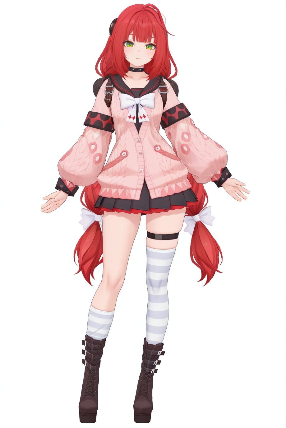 8k,best quality,masterpiece,(ultra-detailed),(high detailed skin),(by nanoless, by misumi \(macaroni\),:0.5),A full-body portrait of a young girl,standing gracefully,pastel art style,high-key lighting,shoujo manga influence,hd quality,delicate details,full body,full shot,standing,looking at viewer,(solo:1.2),simple background,(white background:1.2),<lora:fuaizzz-sd-Tanger:0.85>,Ukinami Yuzuha \(Zenless Zone Zero\),clothes: Yuzuhadef clothes,single thighhigh,1girl,green eyes,long hair,red hair,striped,boots,Yuzuhadef skirt,looking at viewer,cardigan,very long hair,simple background,bangs,asymmetrical legwear,long sleeves,choker,twin braids,white bow,socks,